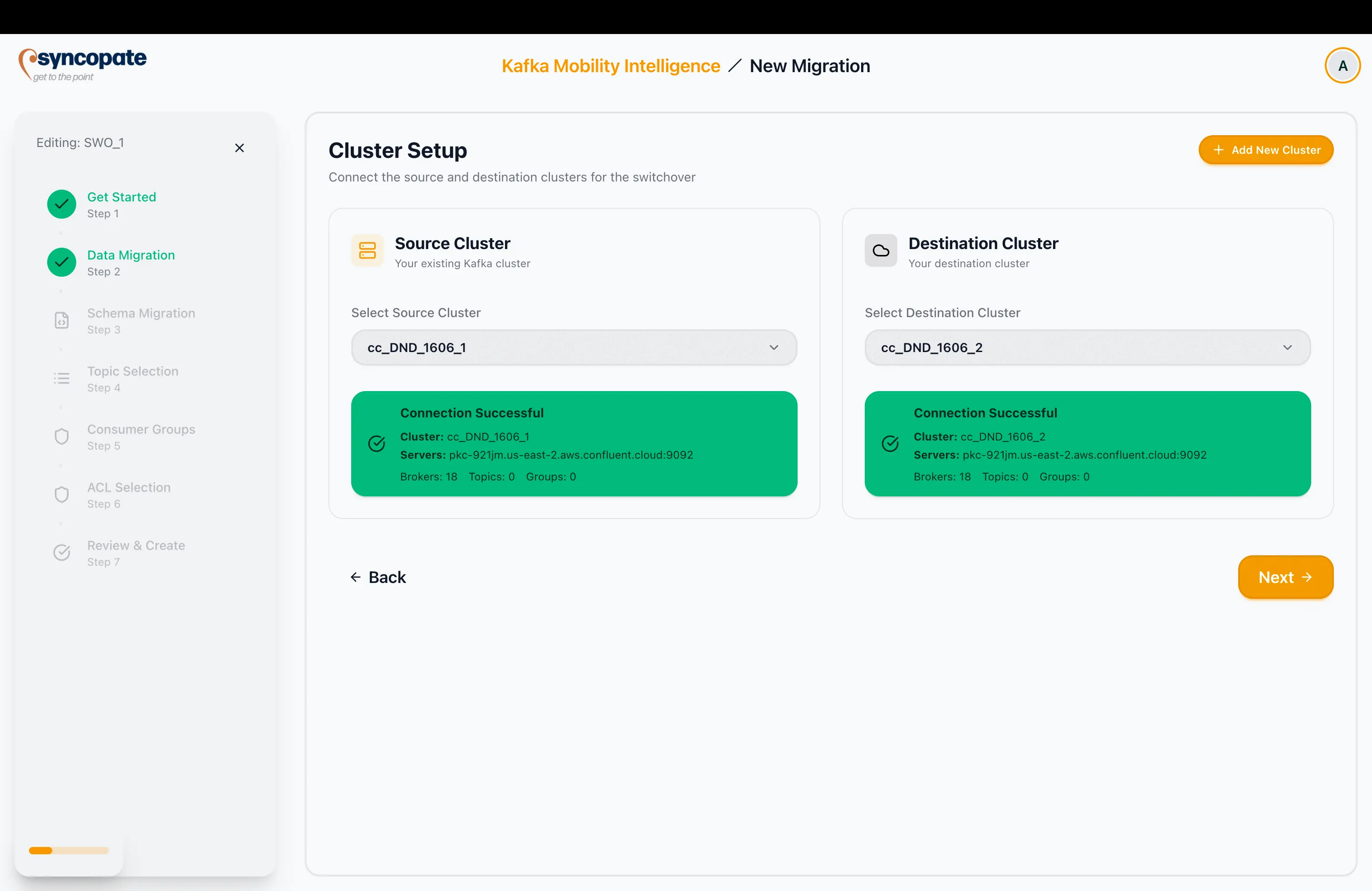 Cluster Setup step connecting the source and destination clusters for the switchover
