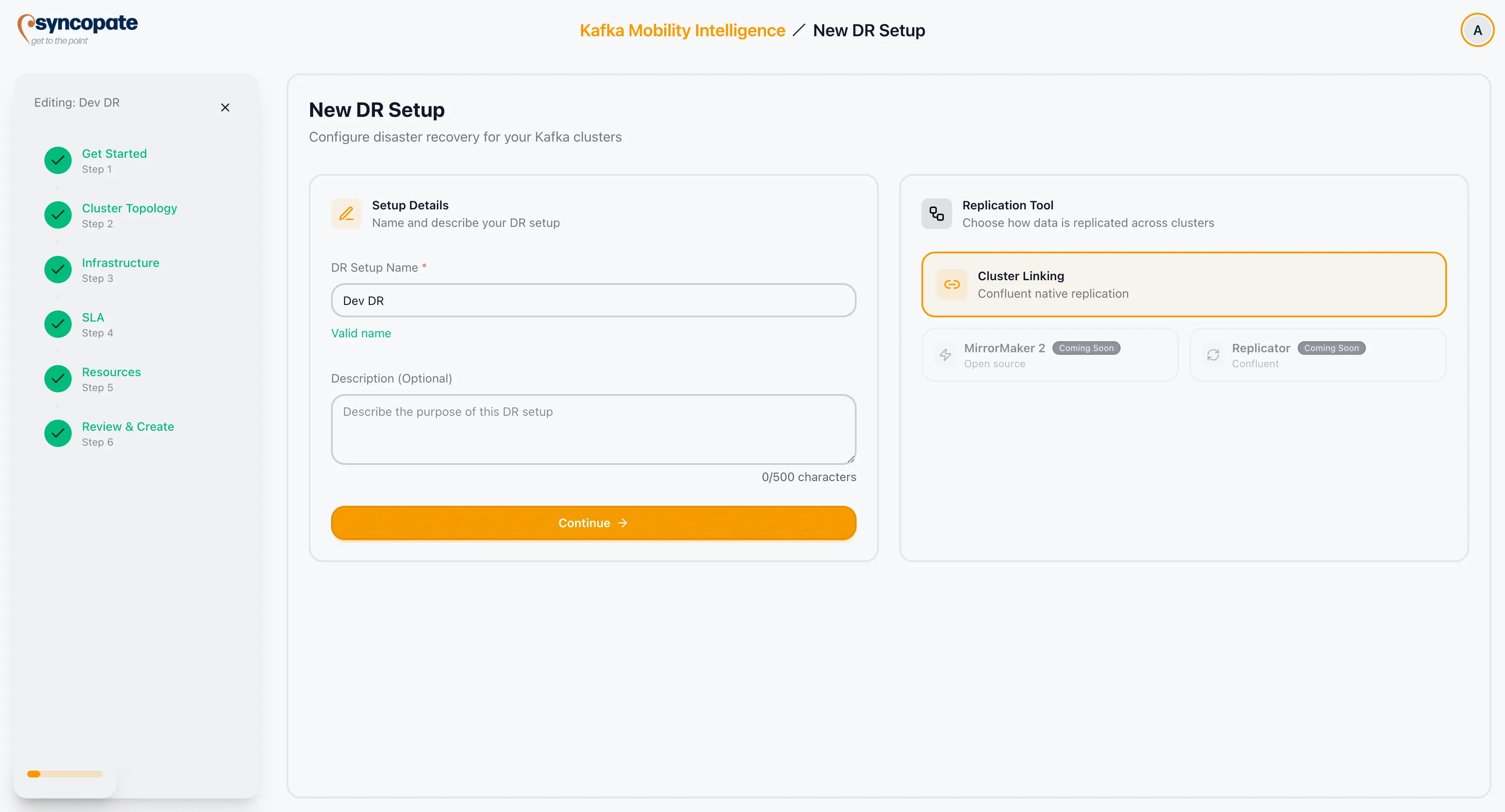 Create DR setup form showing name validation indicator