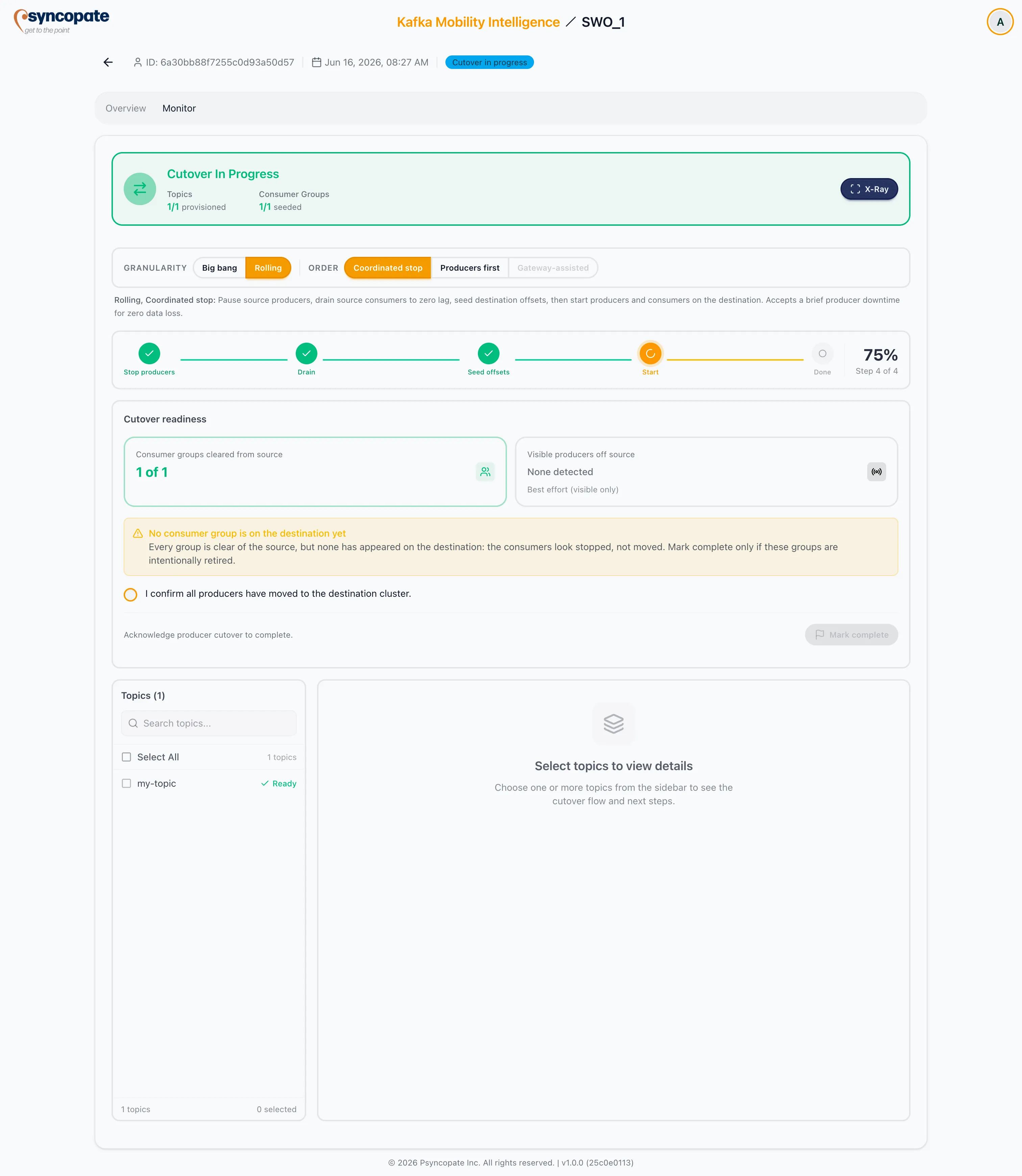 Cutover readiness ready to complete — consumer gate green, producer cutover acknowledged, and Mark complete enabled
