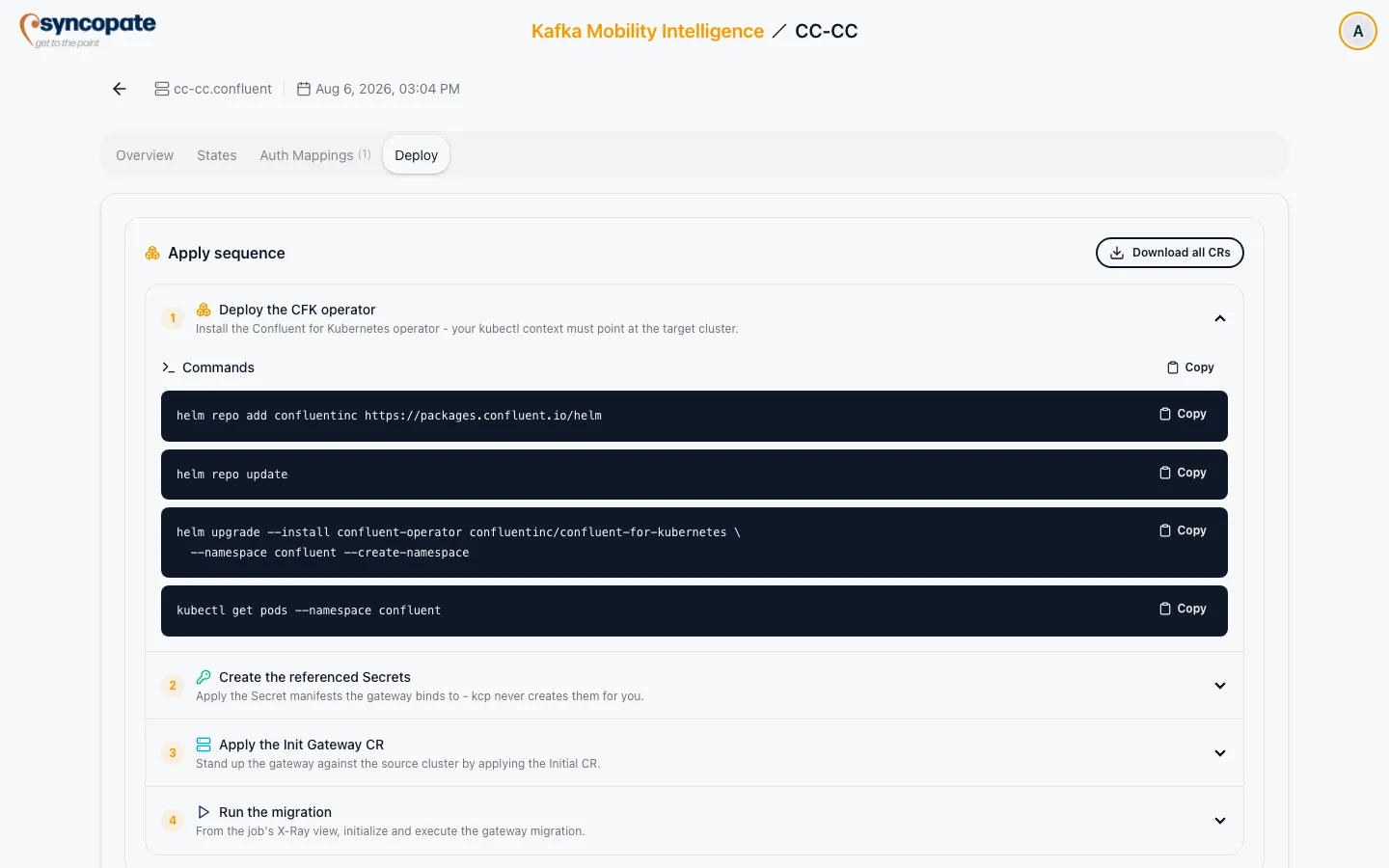 Deploy tab on a fully configured gateway, showing the Apply sequence accordion