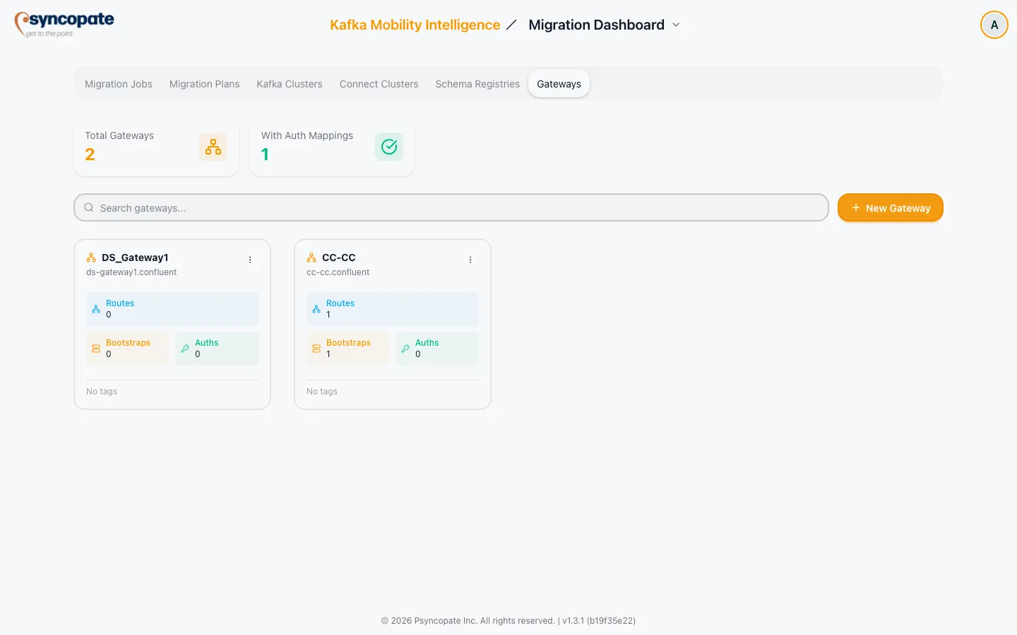Gateways dashboard tab with a gateway card showing stat counts