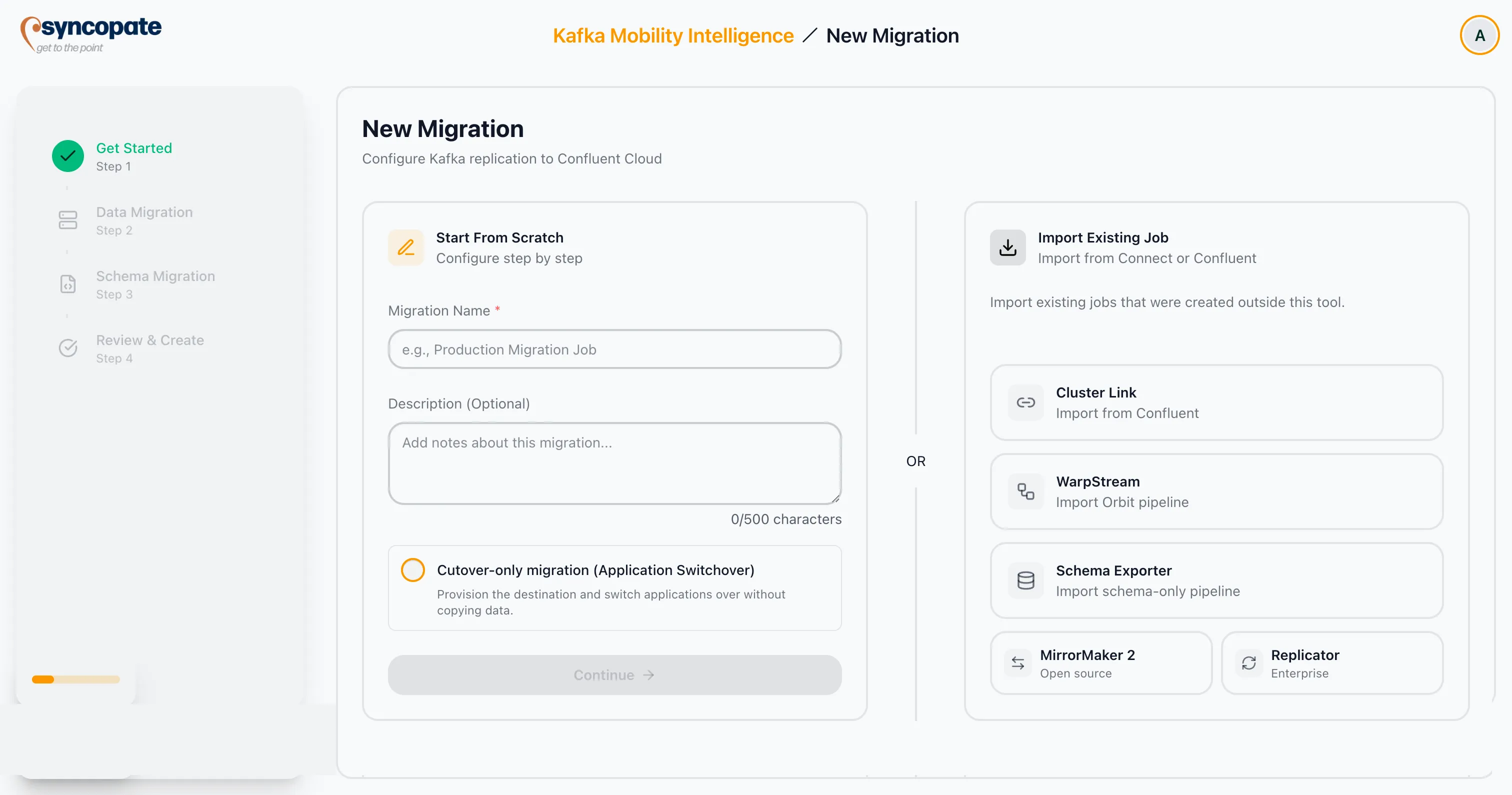 Get Started step with the Cutover-only migration (Application Switchover) option