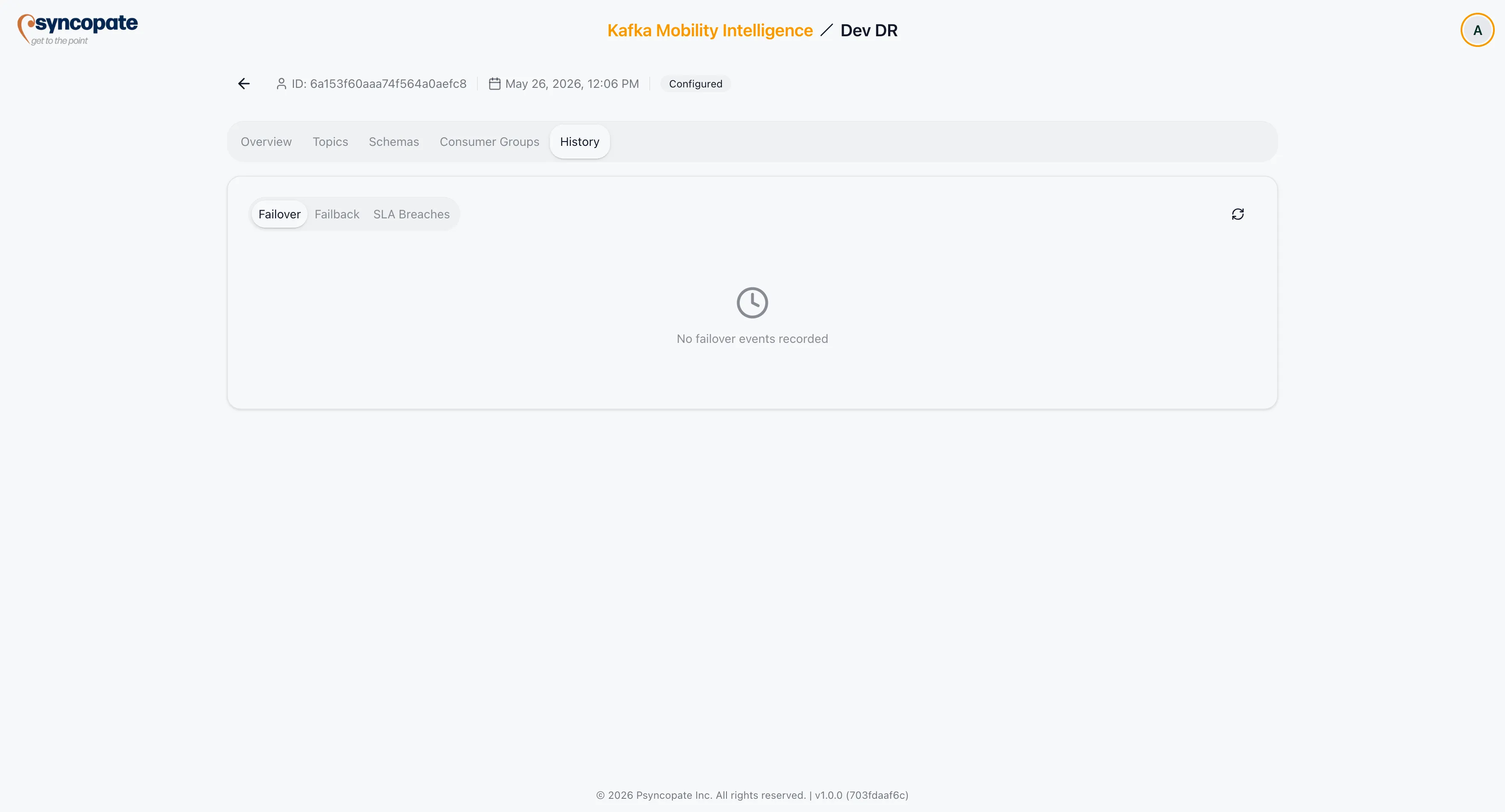 History tab with failover, failback, and SLA breach subtabs