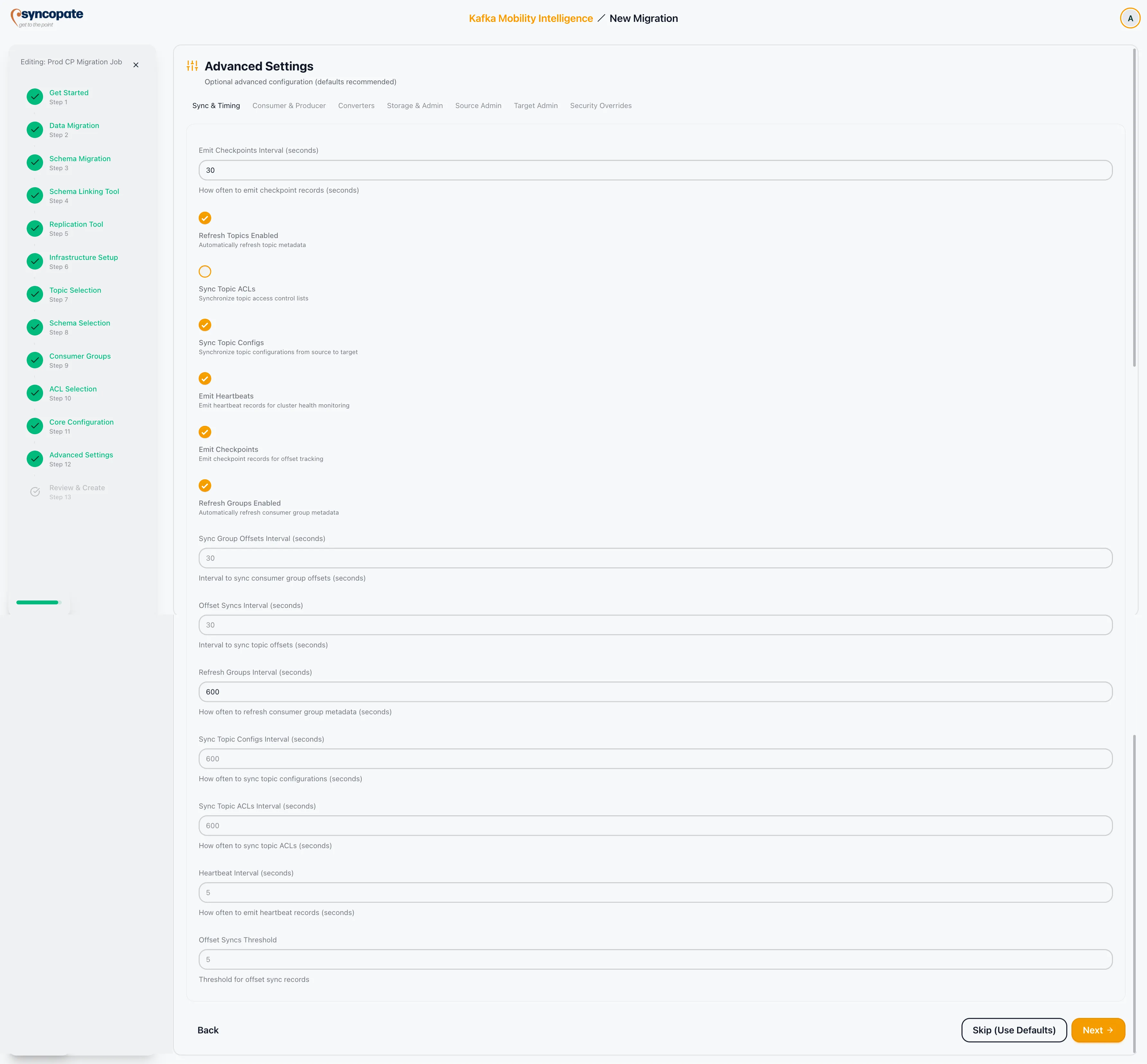 Sync and timing settings