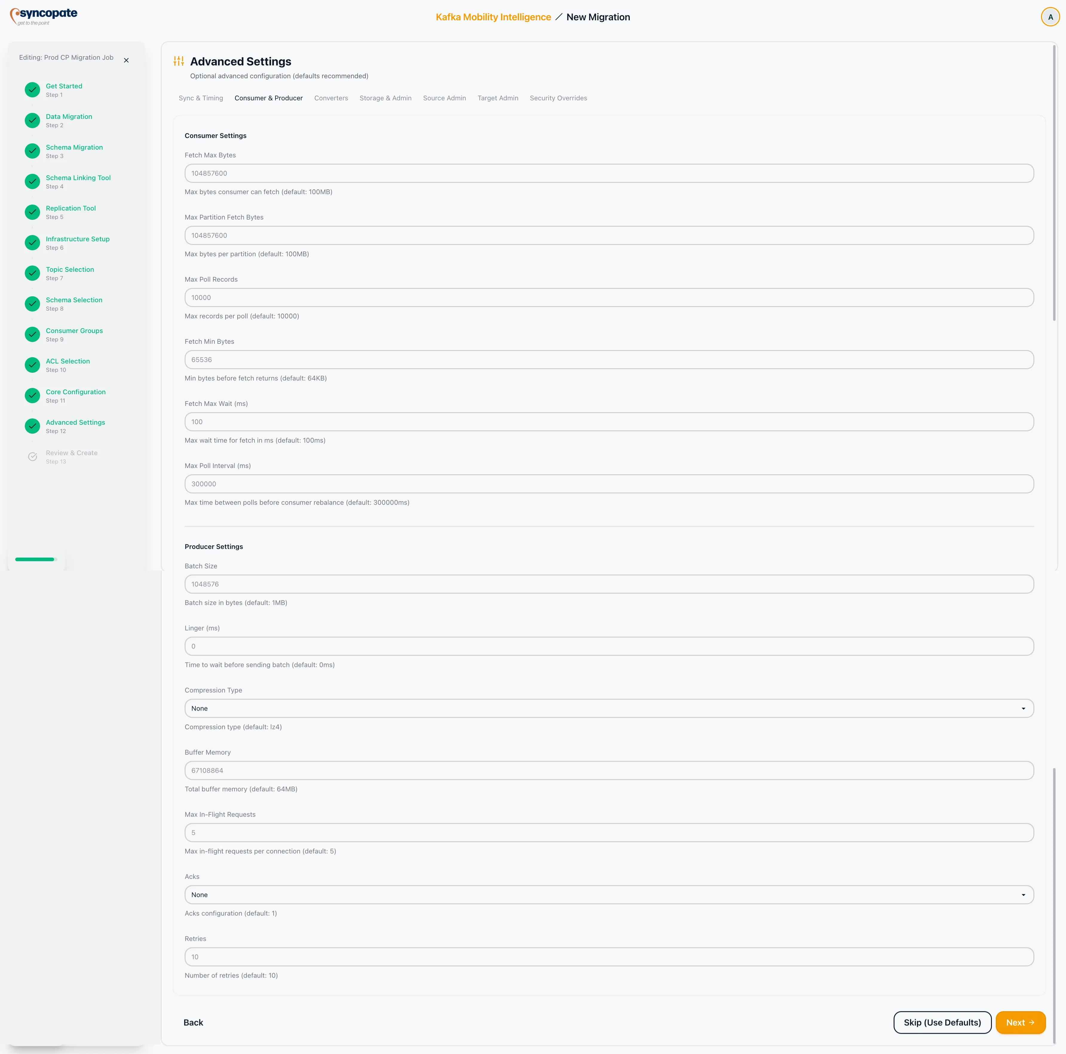 Consumer and producer settings