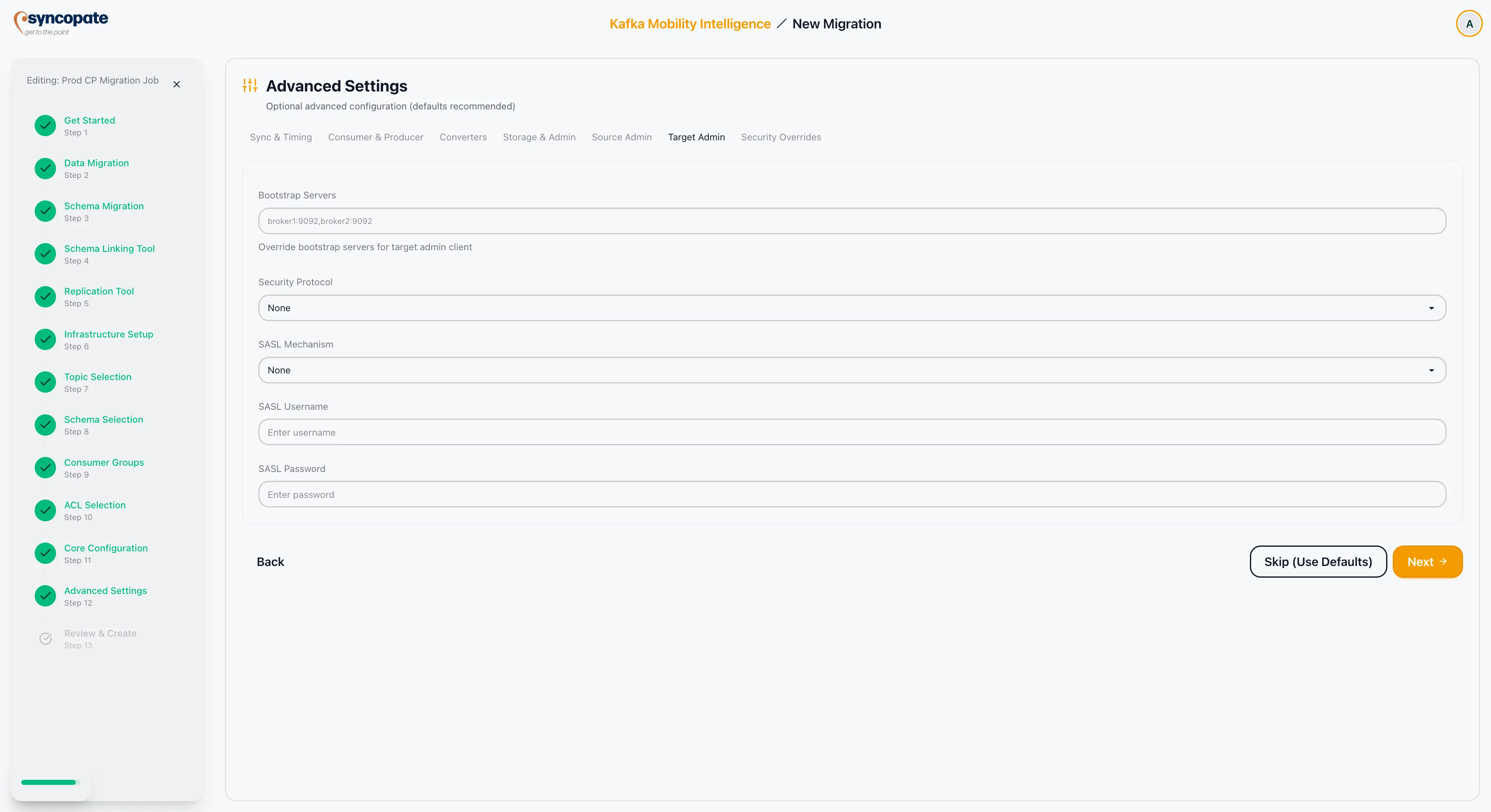 Target admin settings