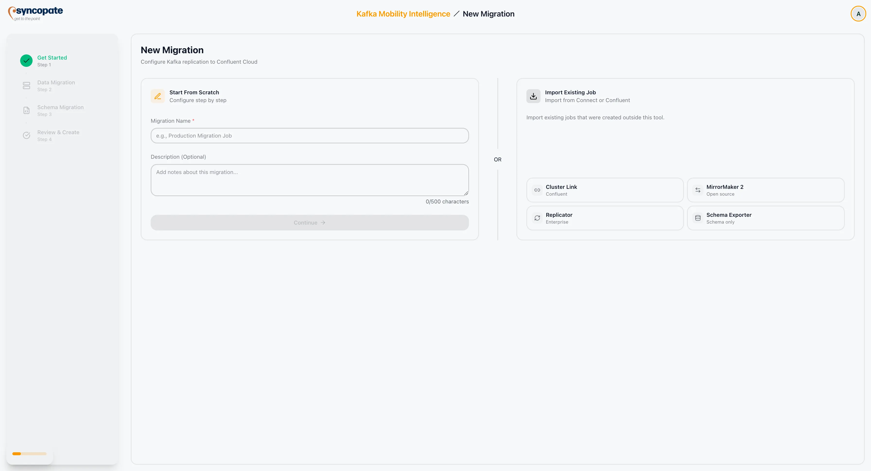 Import Existing Job section on the New Migration screen