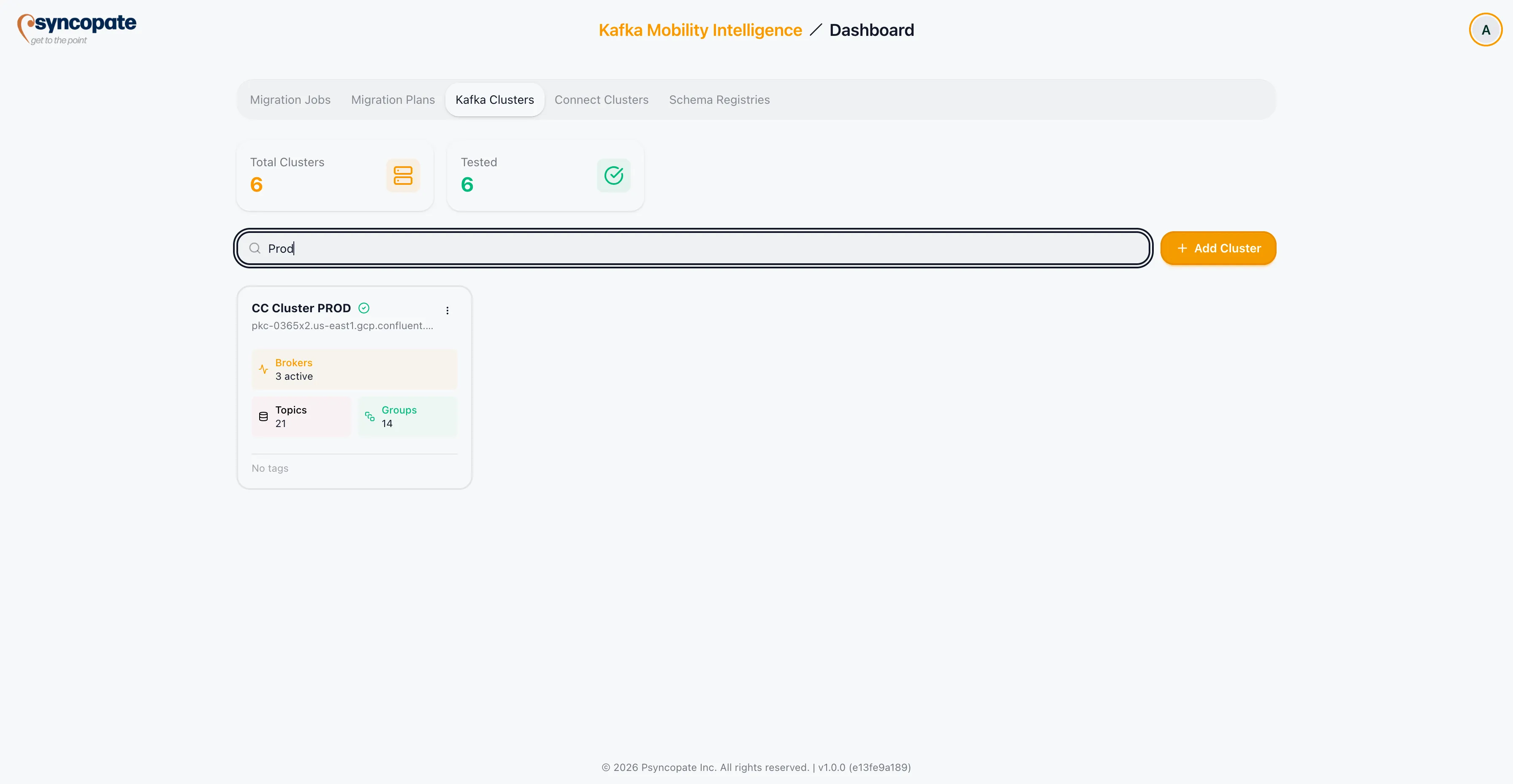 Kafka Cluster list view
