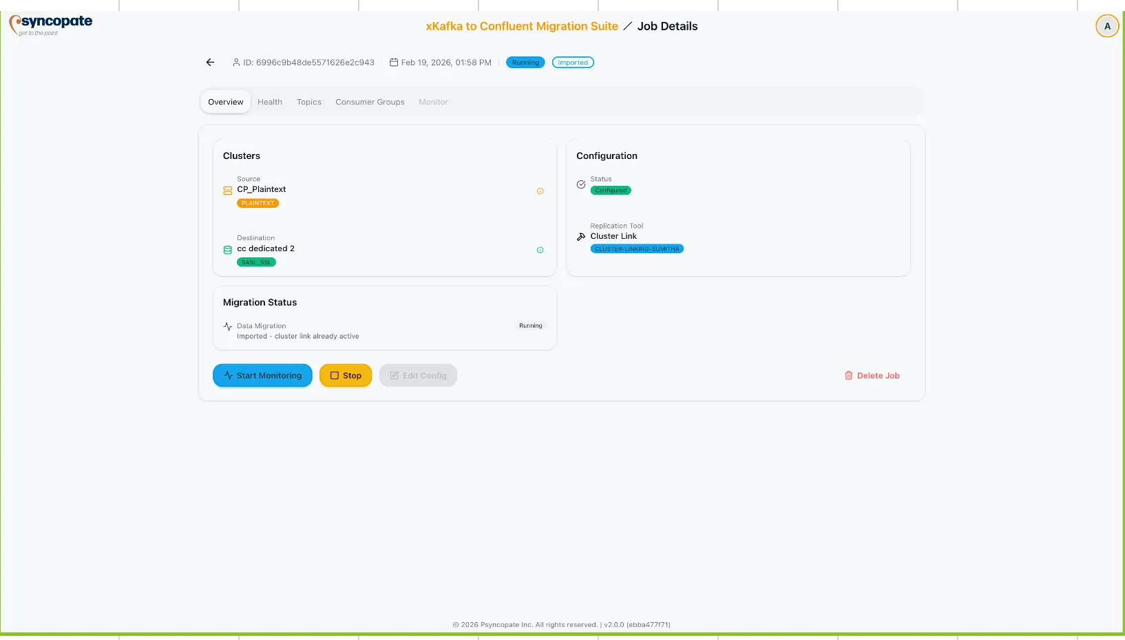 Job name and migration plan entry for Cluster Link