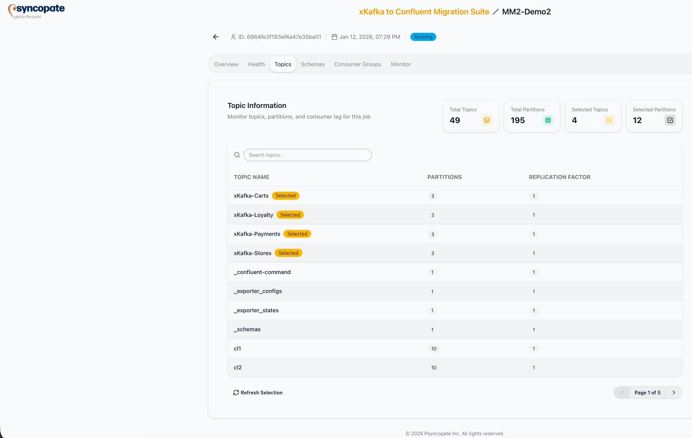 Topics tab with statistics and topic table