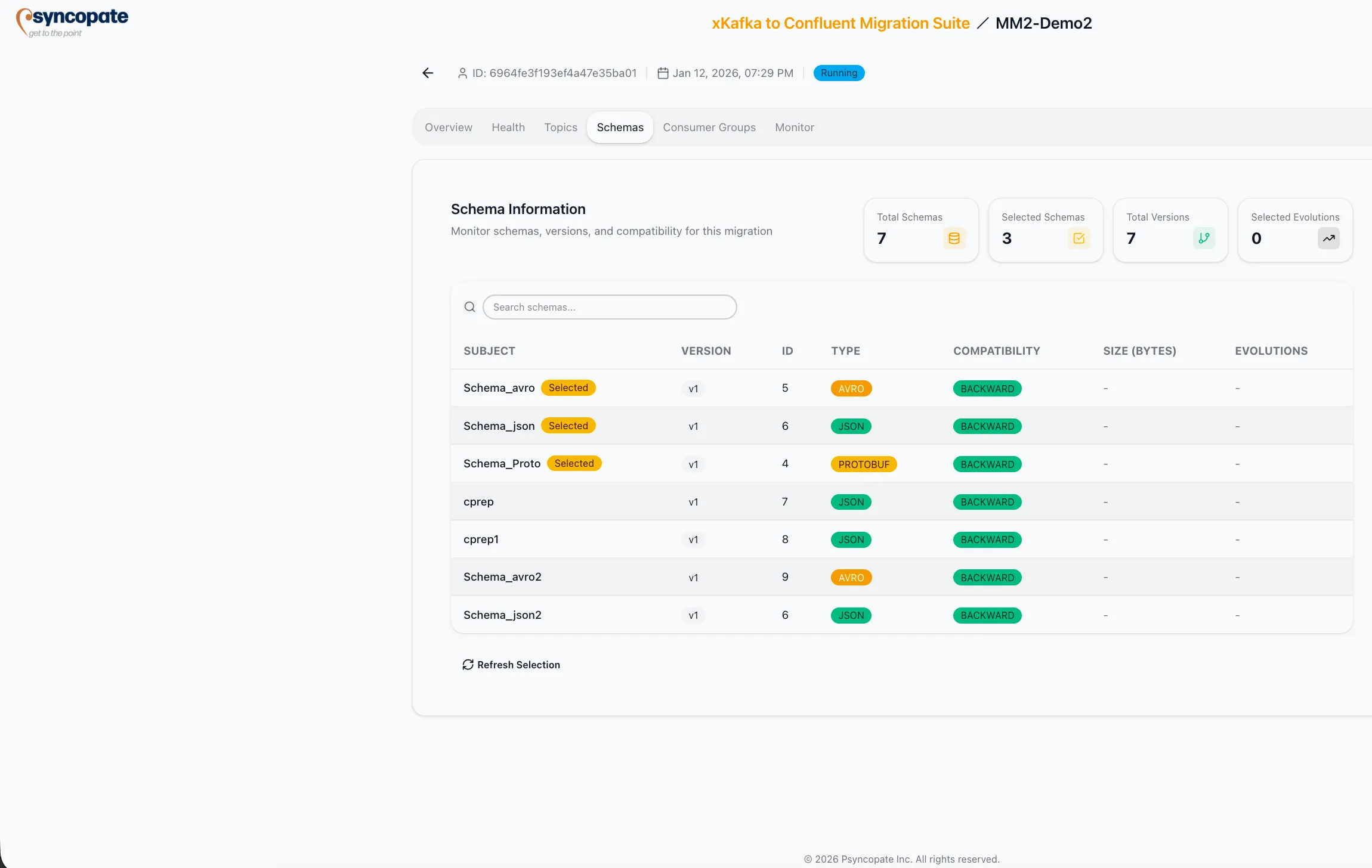Schemas tab with statistics and schema table