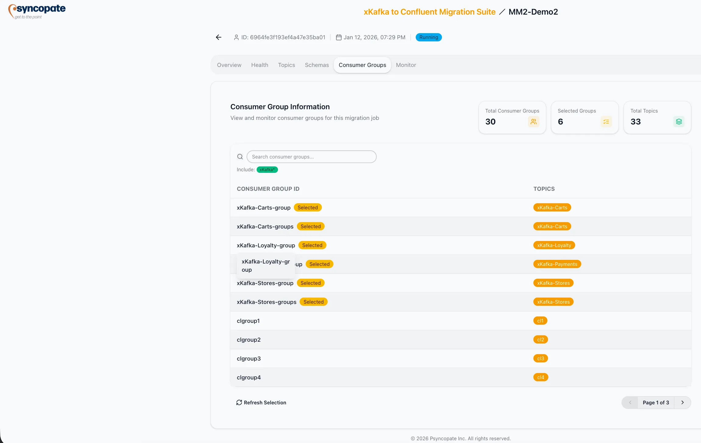 Consumer Groups tab with statistics and group table