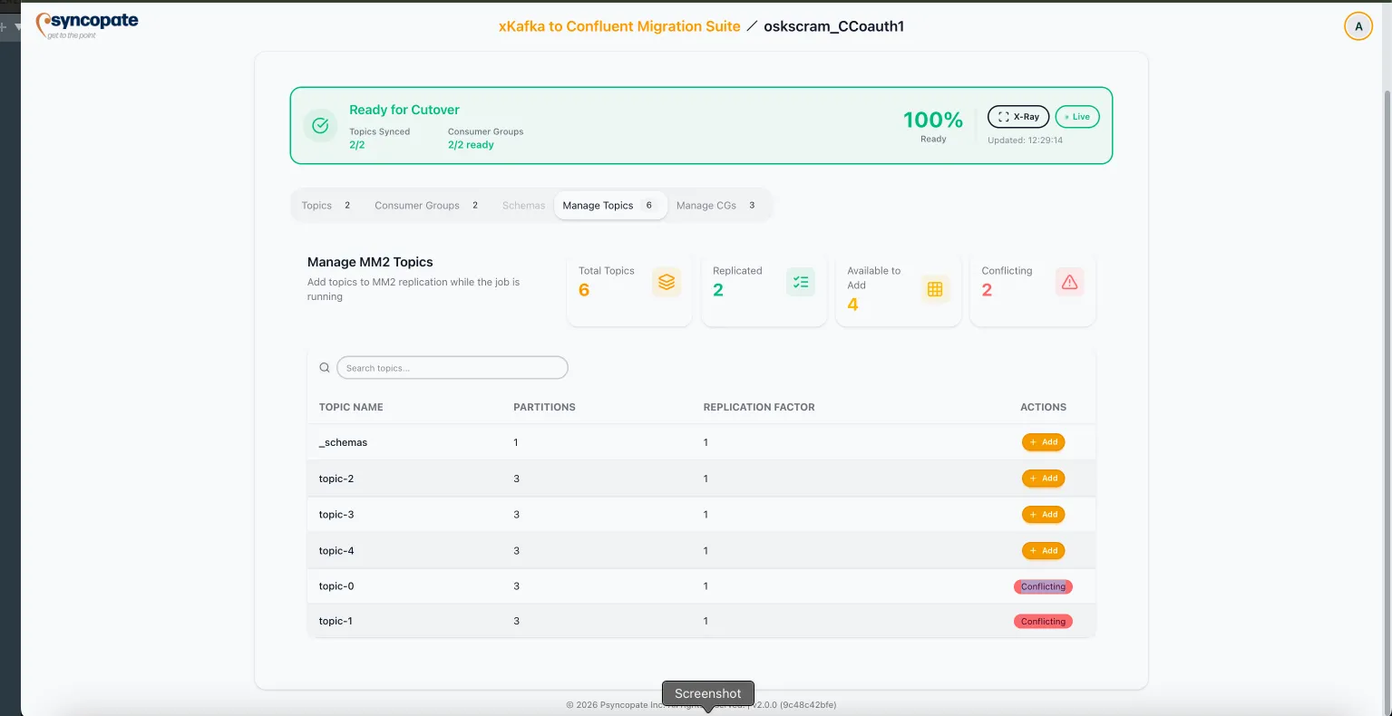 Manage Topics with add and conflict indicators