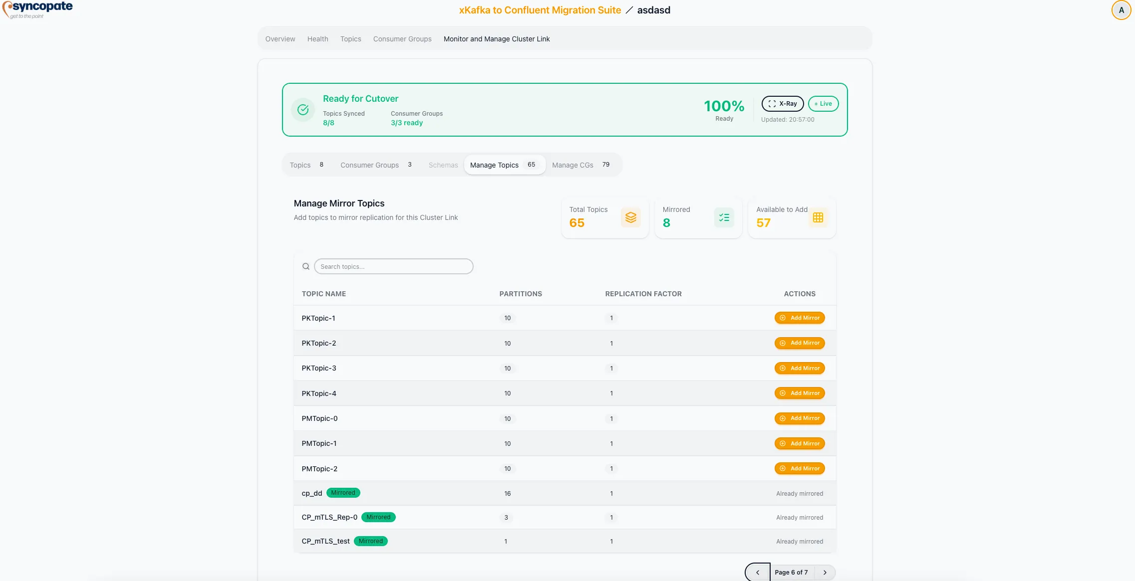 Mirror topic sync progress with partition lag details