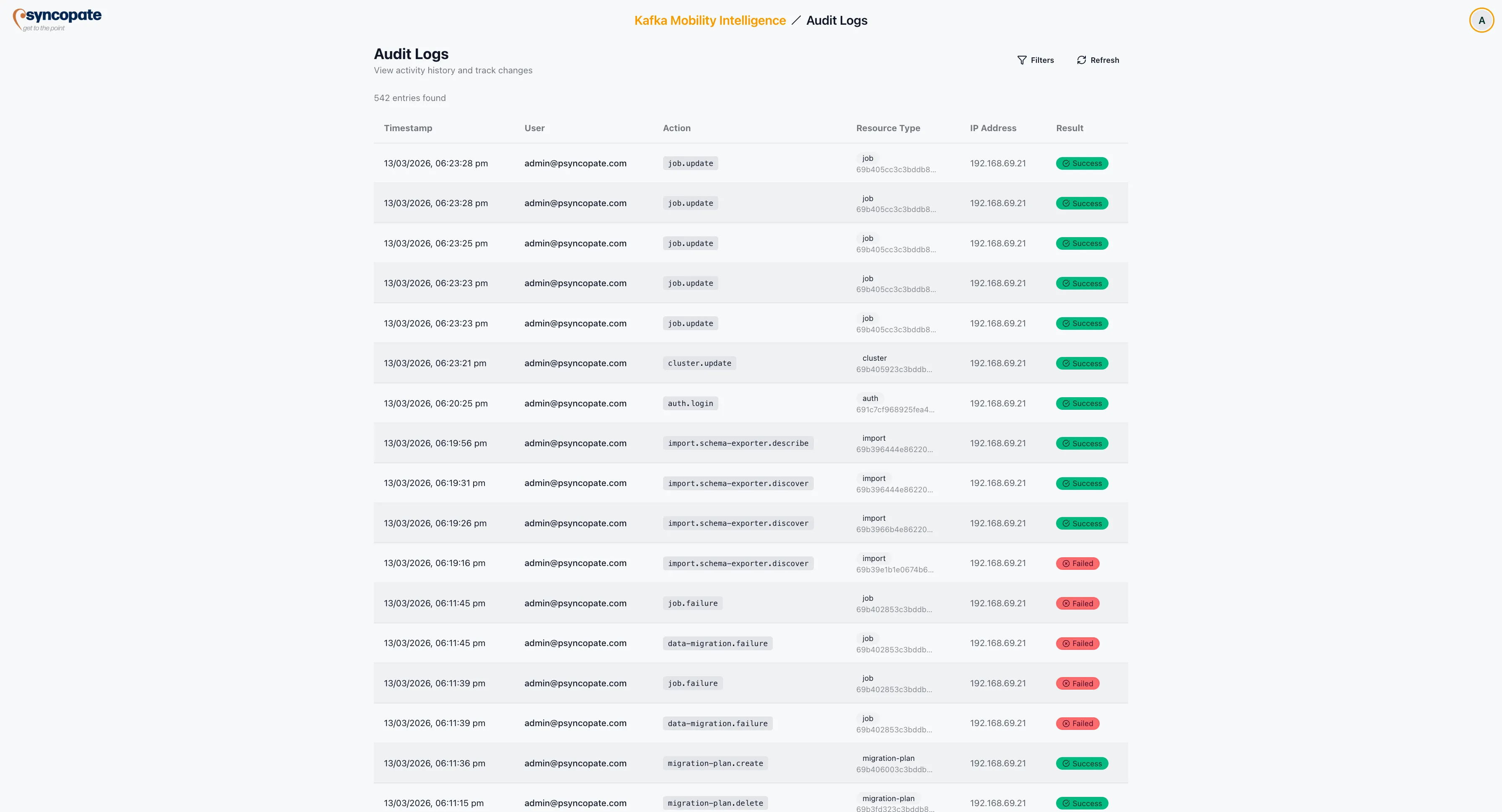Audit log table with activity entries