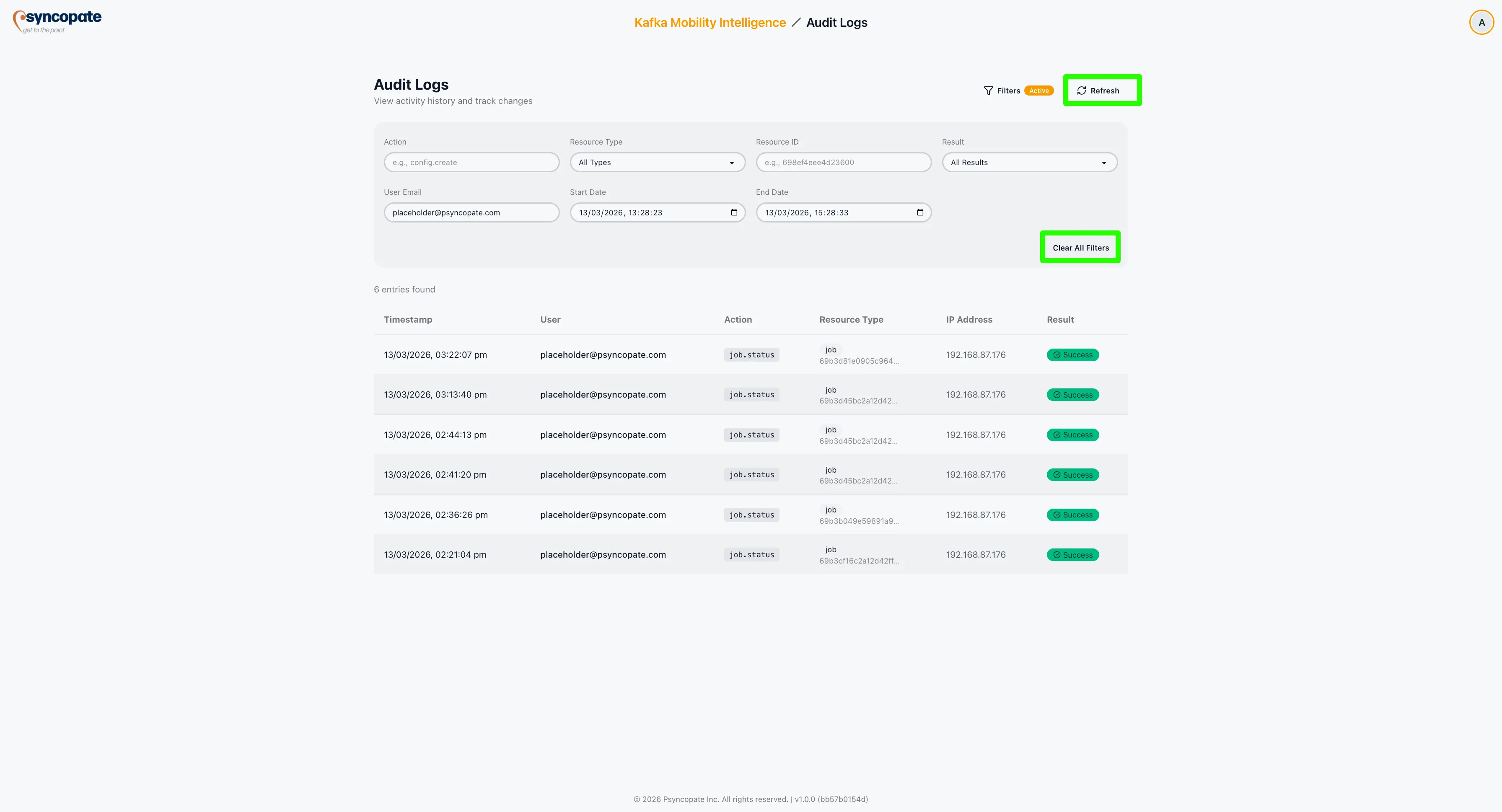 Audit log filter controls