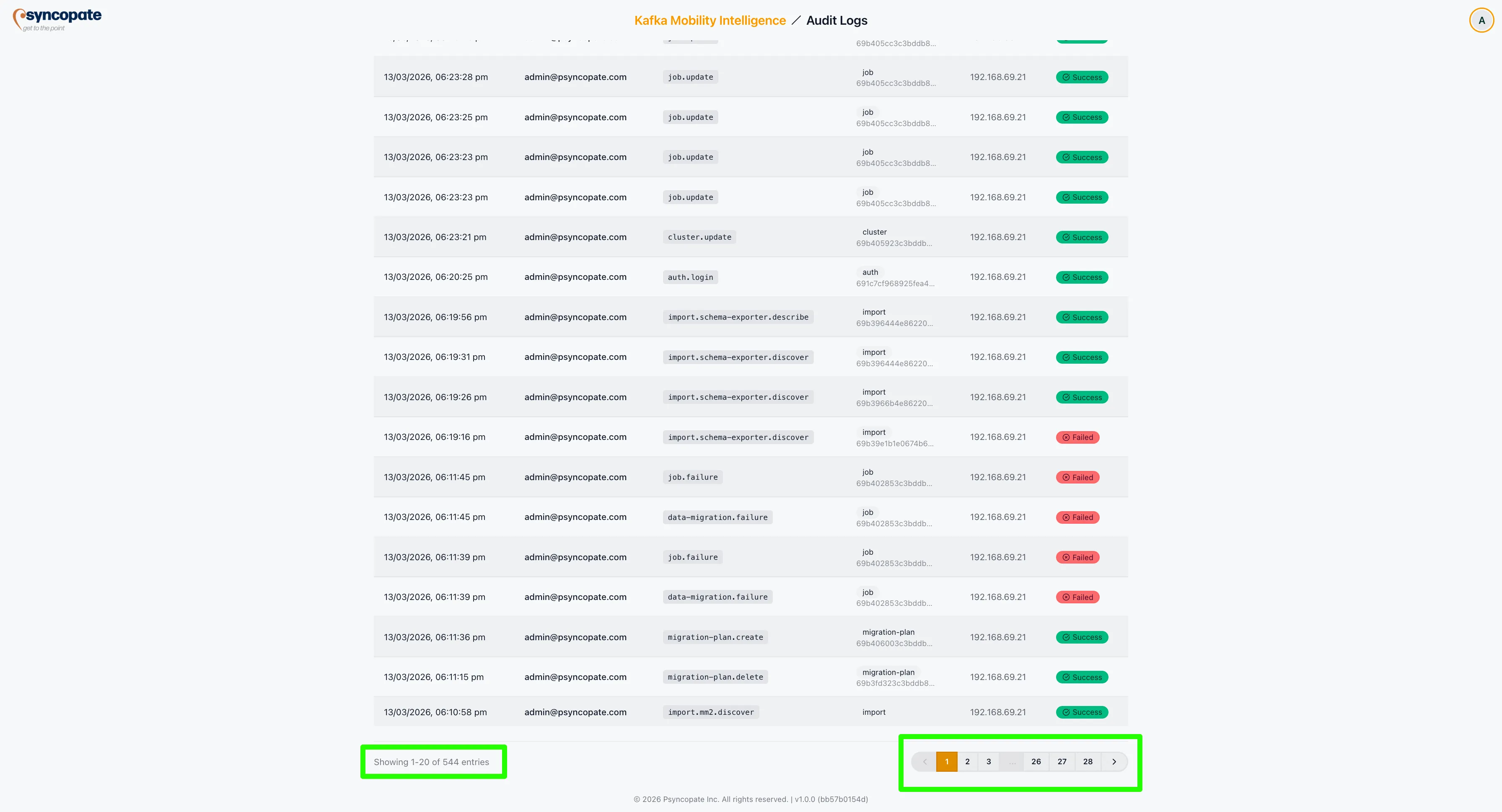 Audit log pagination and controls