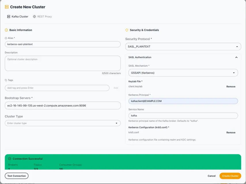 Create New Cluster form with SASL_PLAINTEXT and GSSAPI Kerberos configuration