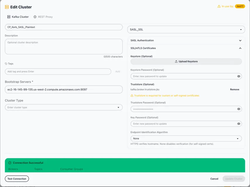 Edit Cluster form with SASL_PLAINTEXT and GSSAPI Kerberos configuration showing existing encrypted files