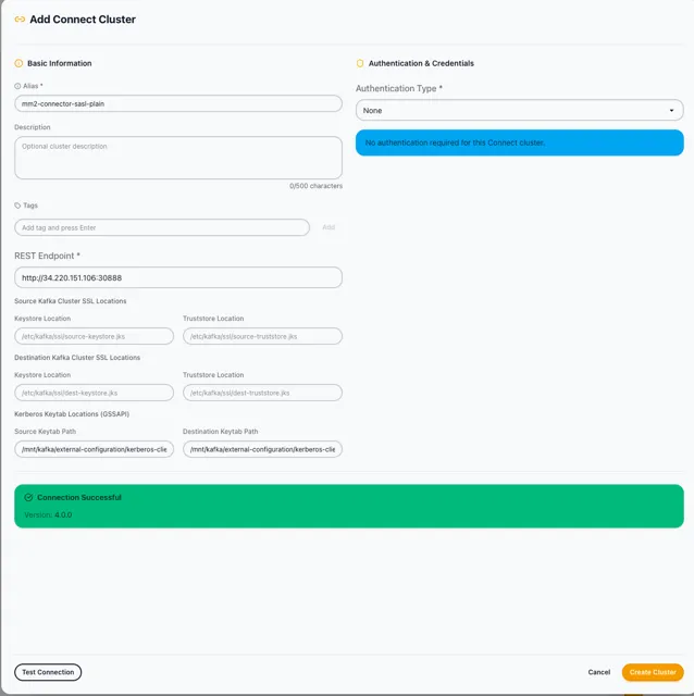 Add Connect Cluster — mm2-source-kerberos with Kerberos keytab paths and SSL locations configured