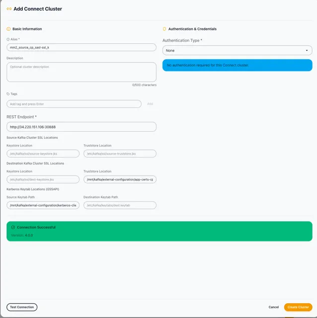 Add Connect Cluster — mm2_source_cp_sasl_ssl_k with custom destination truststore path and Kerberos keytab paths configured