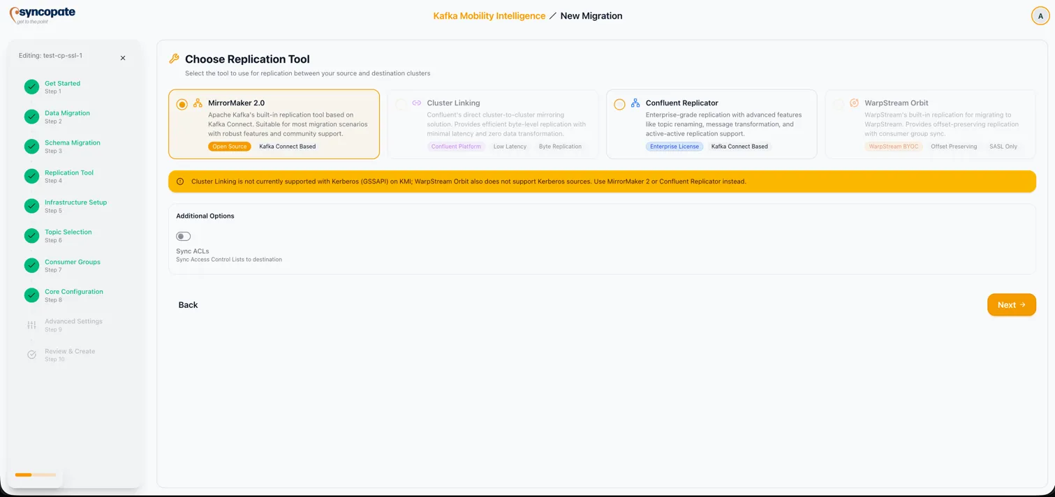 Tool Selection with Cluster Linking and WarpStream Orbit disabled due to GSSAPI authentication