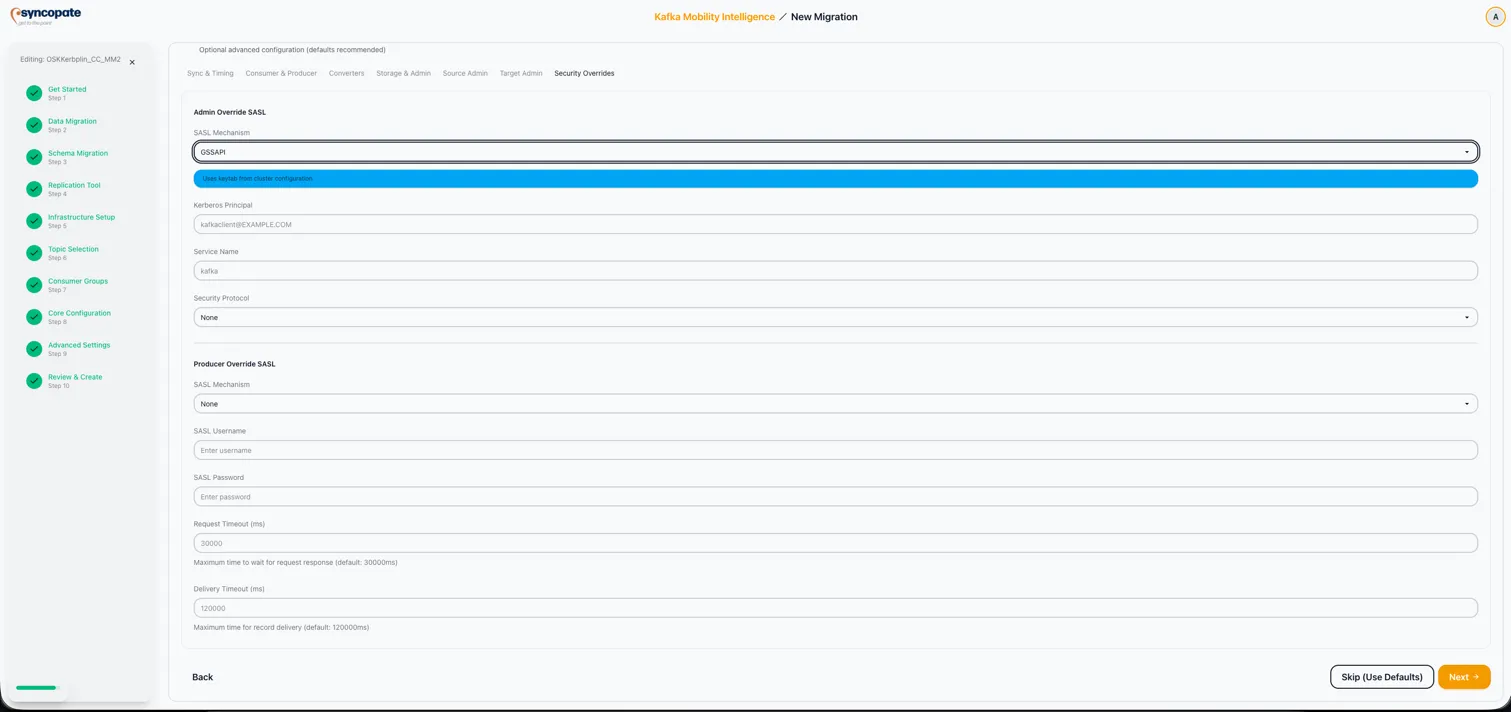 Security override settings with GSSAPI selected showing Kerberos Principal and Service Name fields