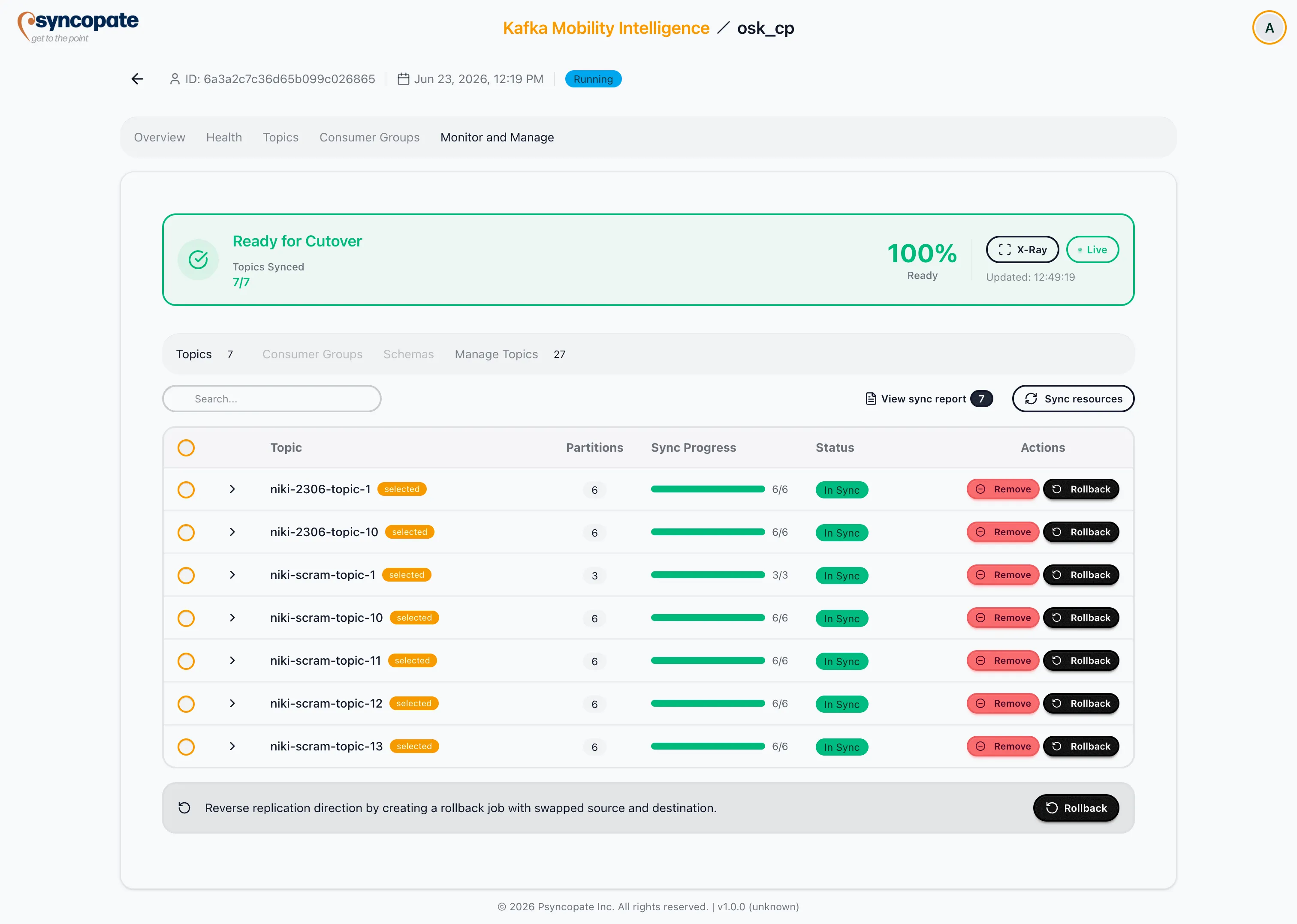 Monitor and Manage tab showing the Sync resources and View sync report buttons on a running Pre-create migration