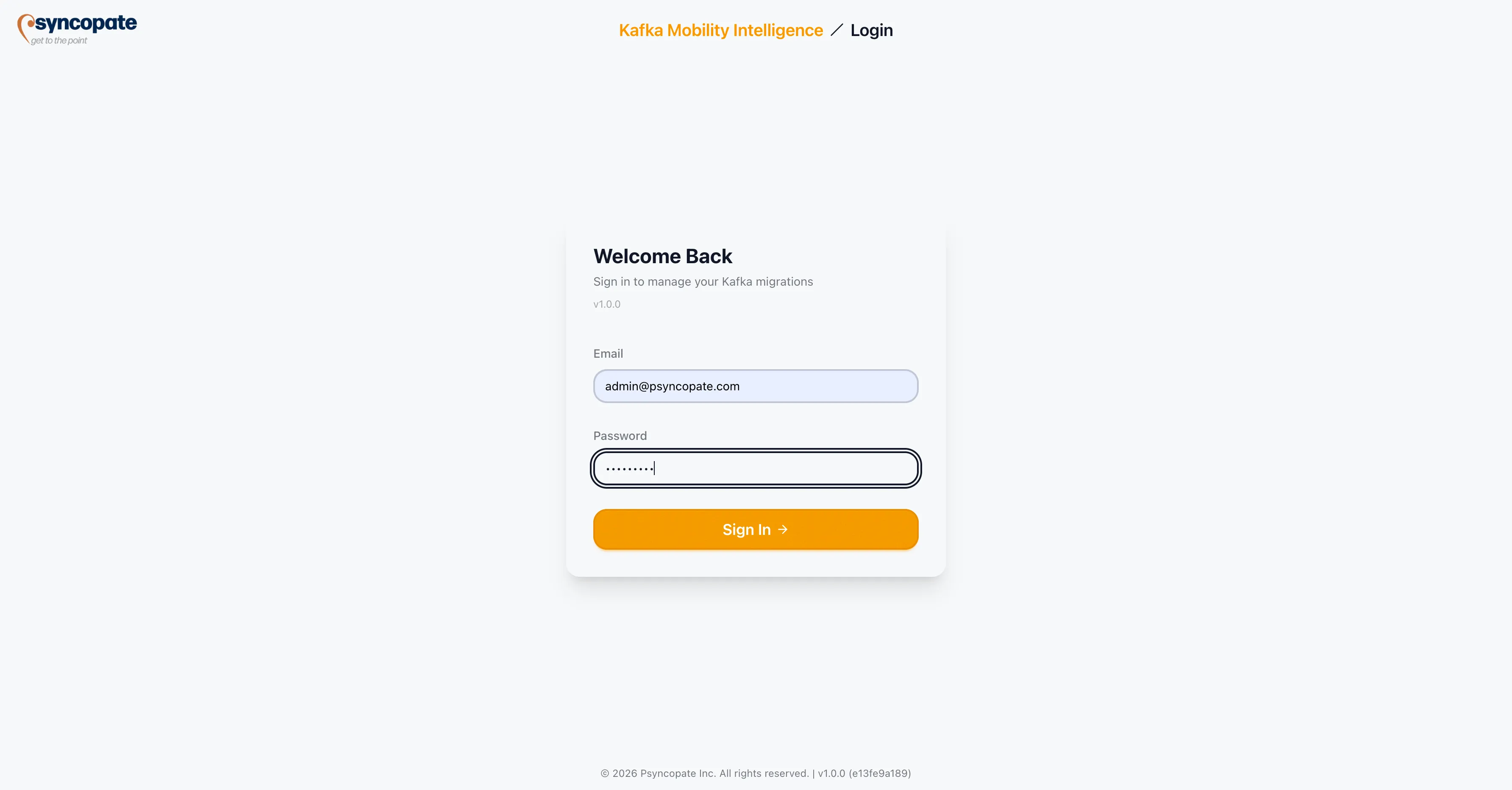 Kafka Mobility Intelligence login screen