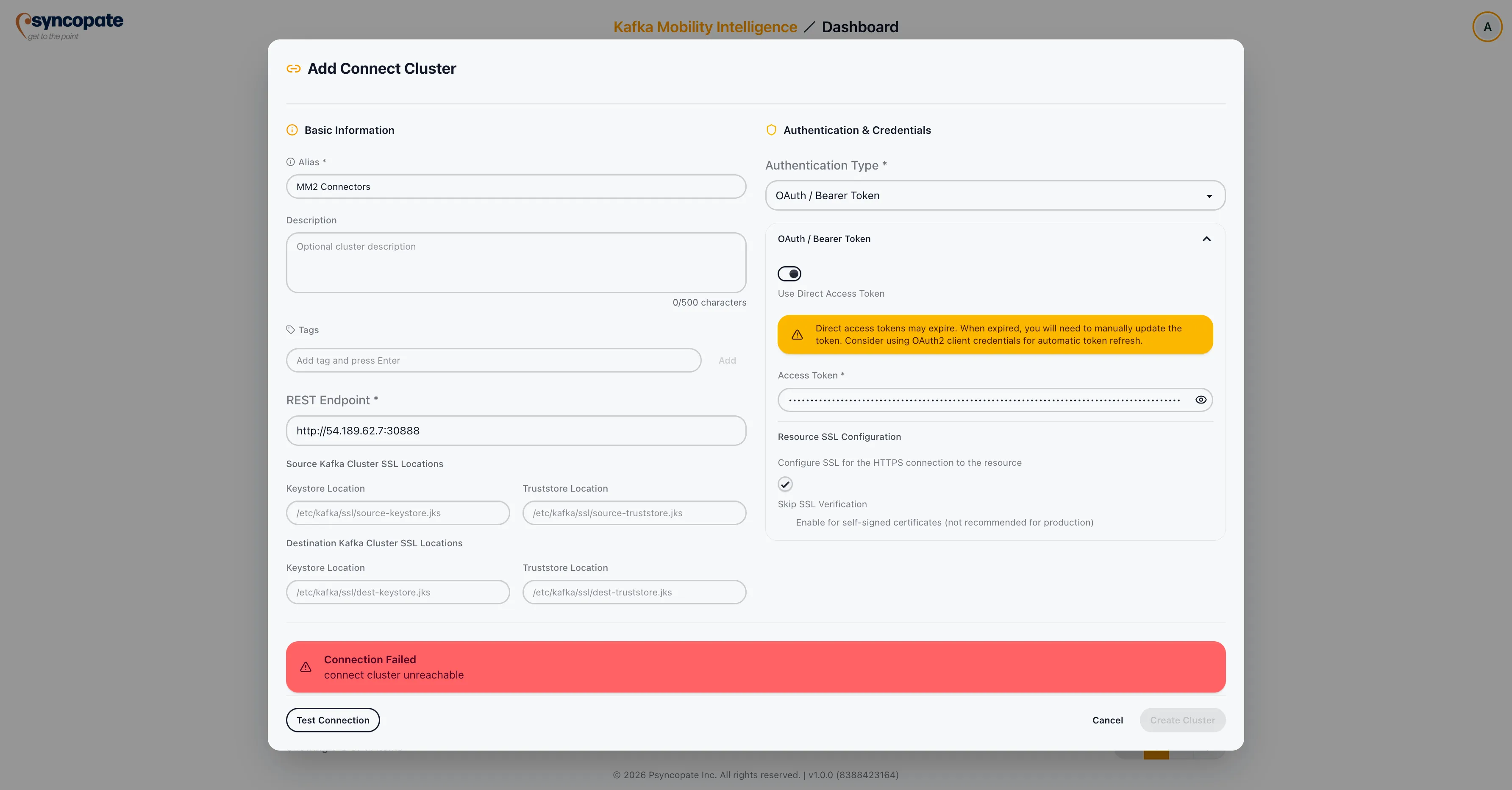 Connection test failure
