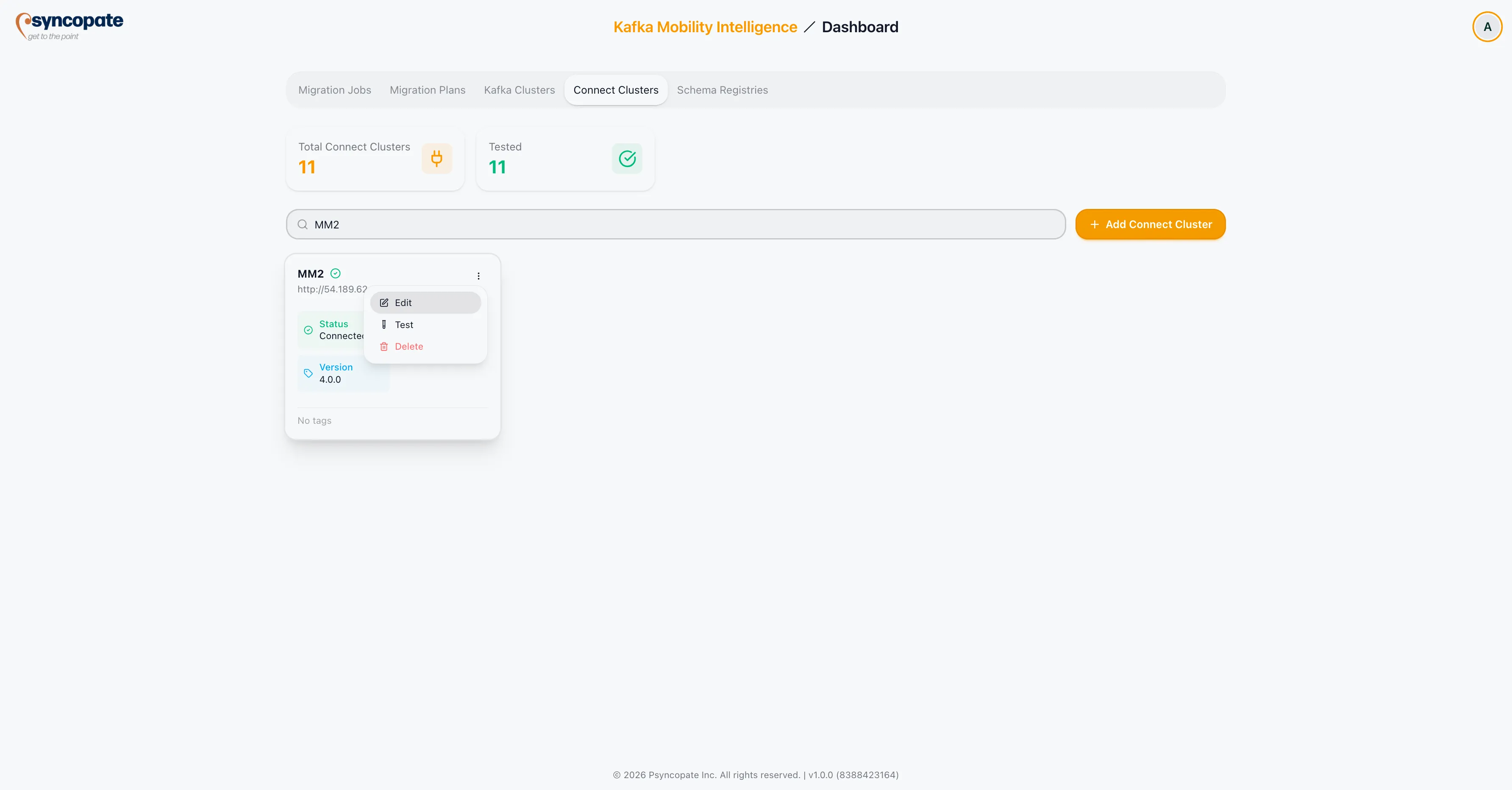 Connect cluster action menu