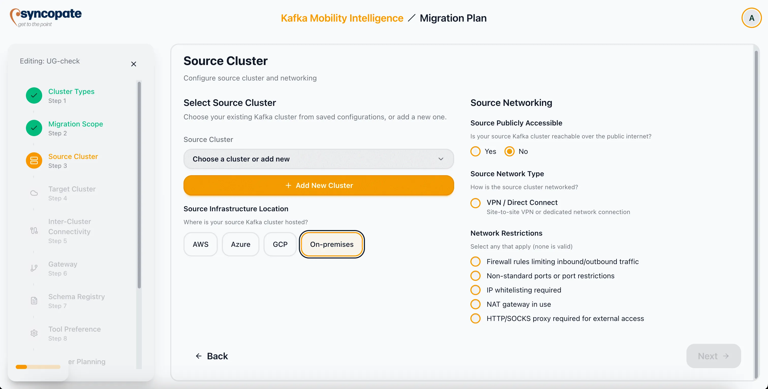 Source cluster networking configuration