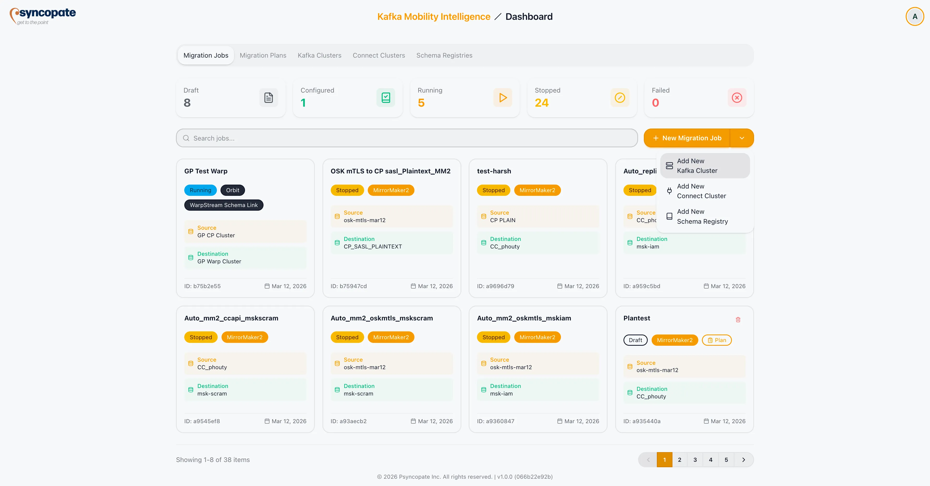 New Migration Job dropdown with quick-action options