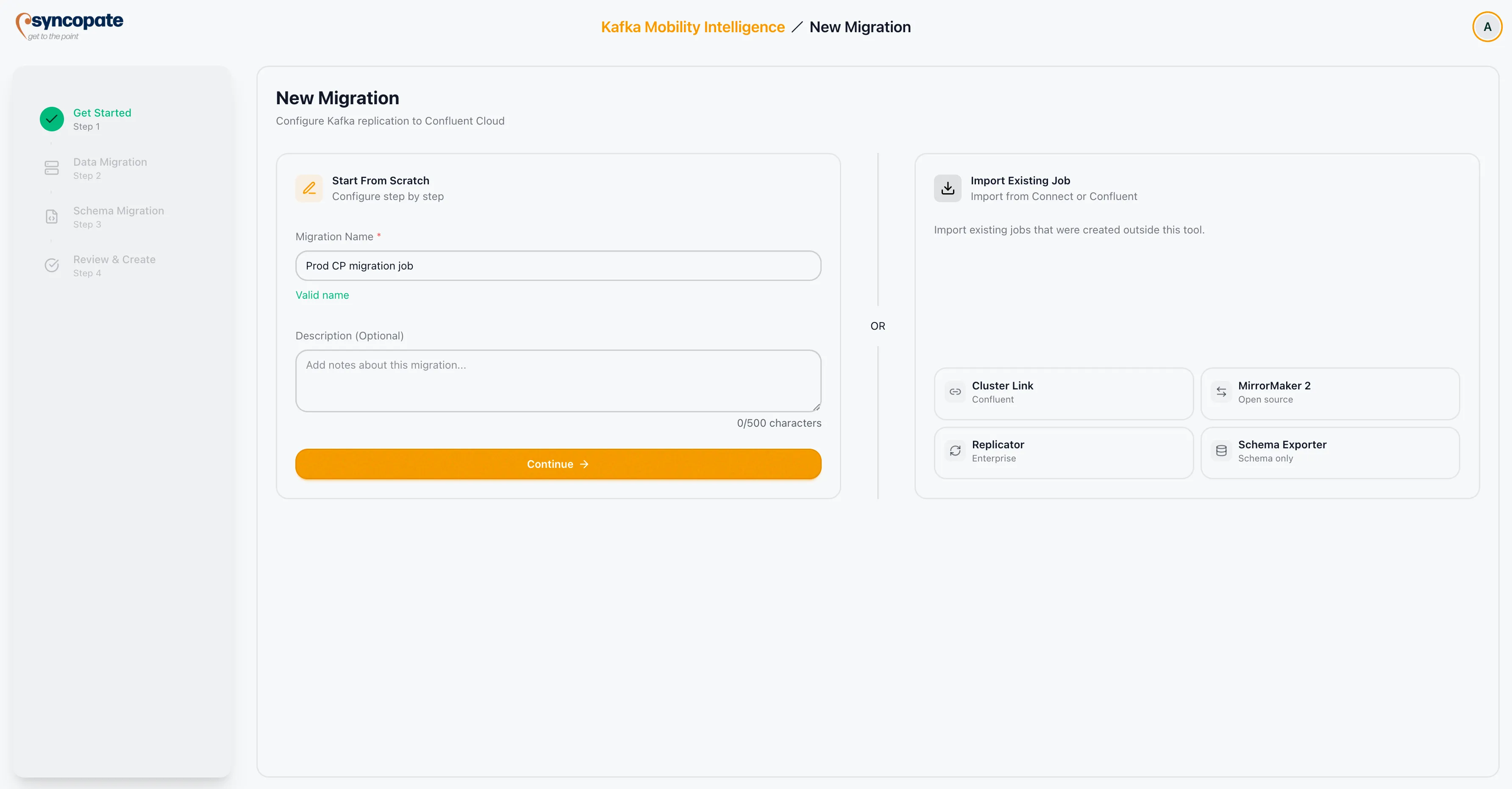 Get Started form with Migration Name and Description fields