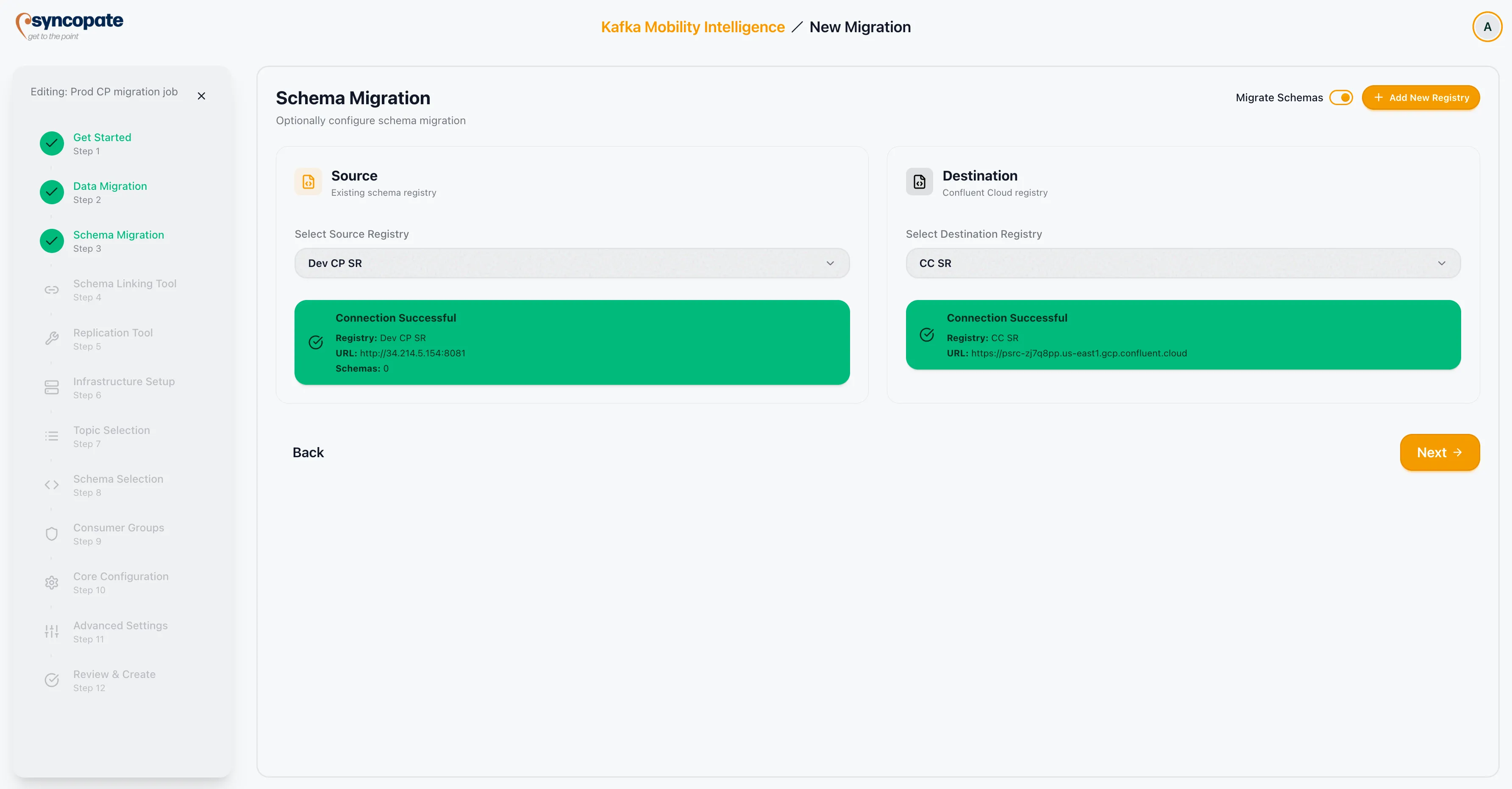Schema Registry configuration with source and destination selection