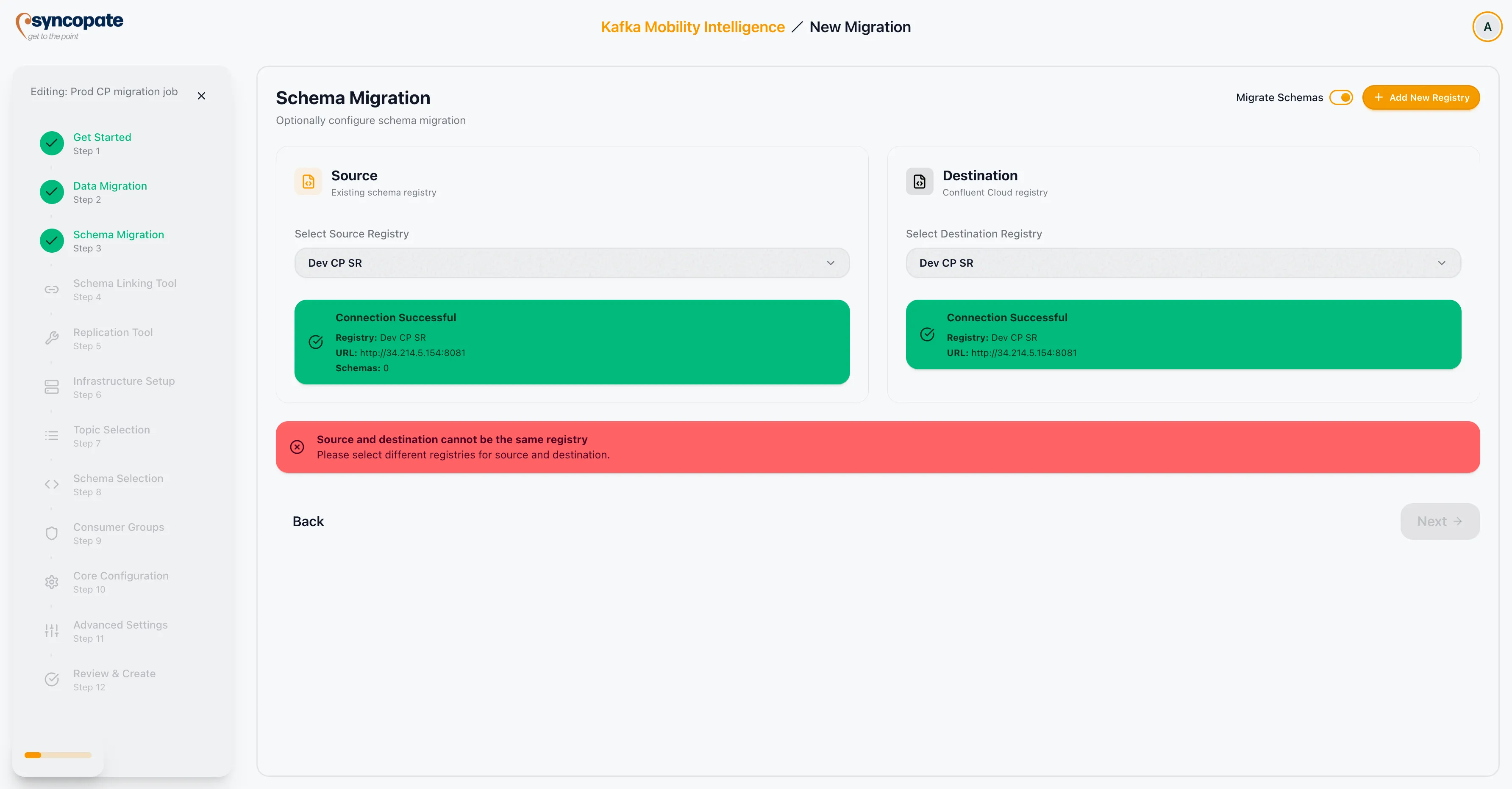 Error displayed when the same registry is selected for source and destination