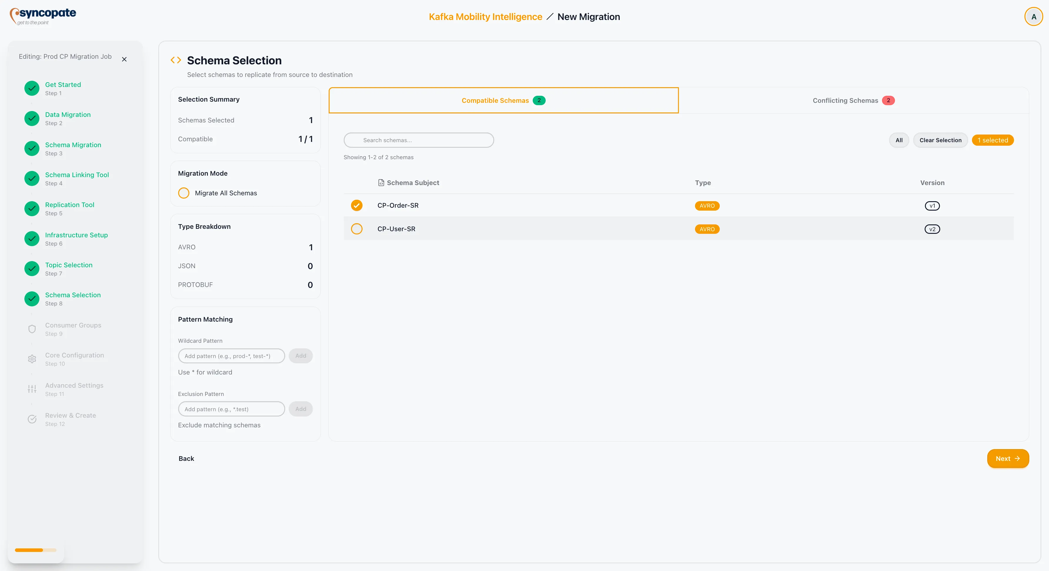 Schema selection with checkboxes and compatibility indicators