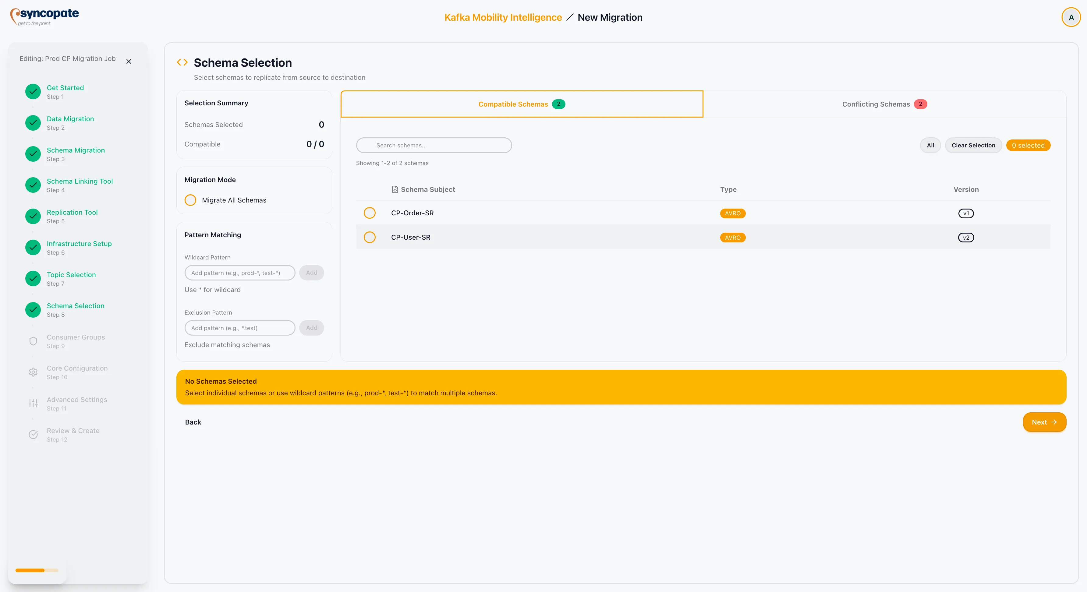 No schemas selected state