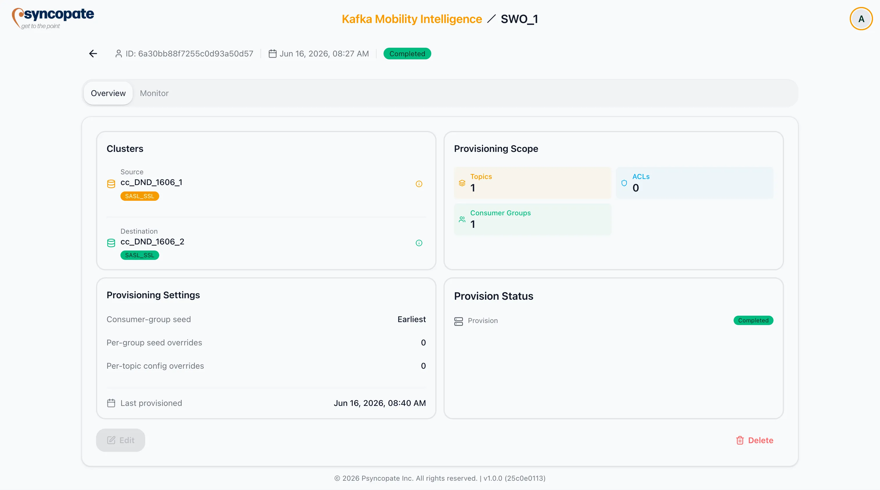 Completed switchover job Overview tab with a Completed badge and Completed provision status