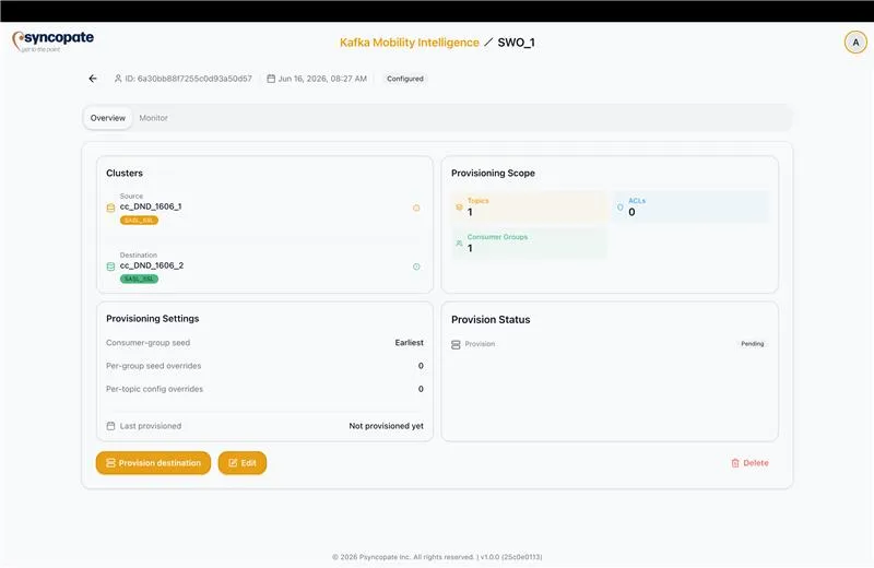 Switchover job Overview tab showing clusters, provisioning scope, settings, and a pending provision status