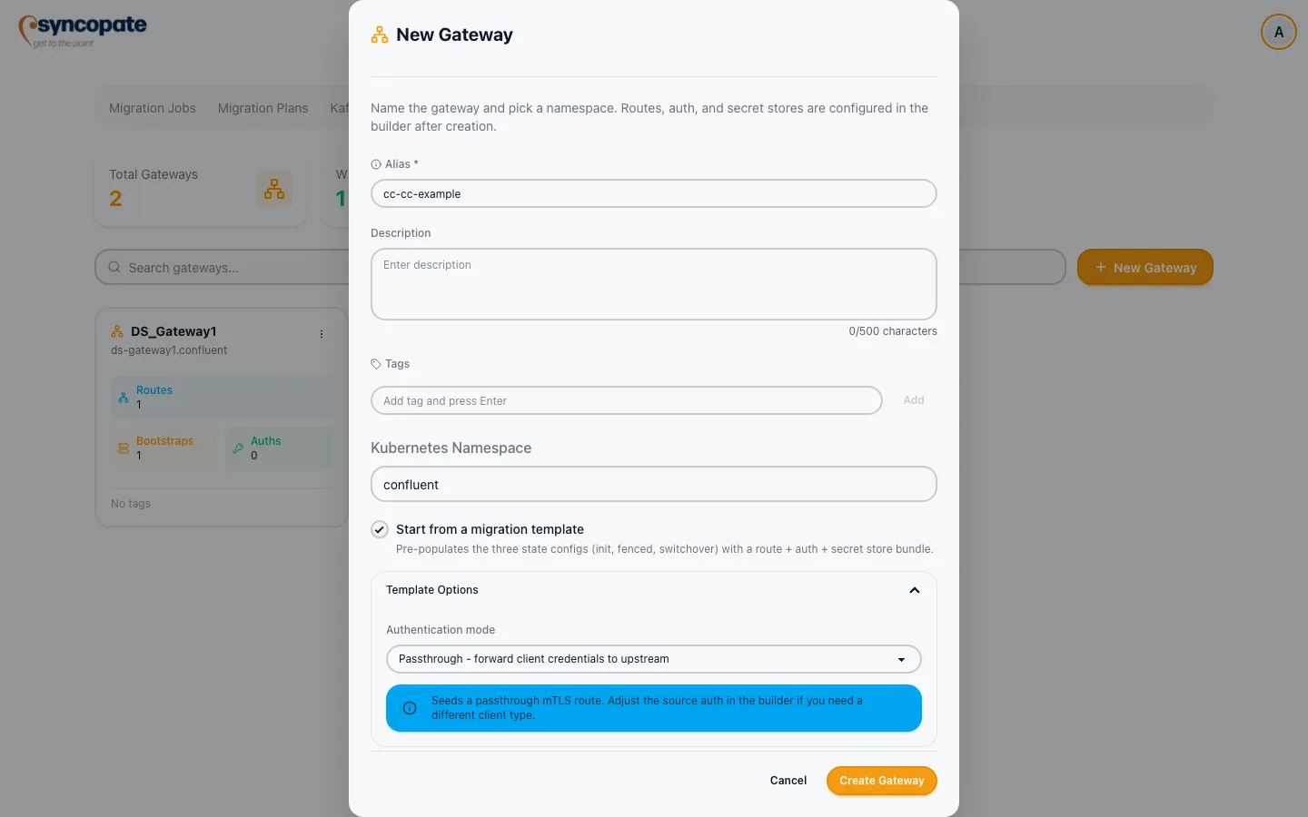 New Gateway modal with Template Options expanded in Passthrough mode