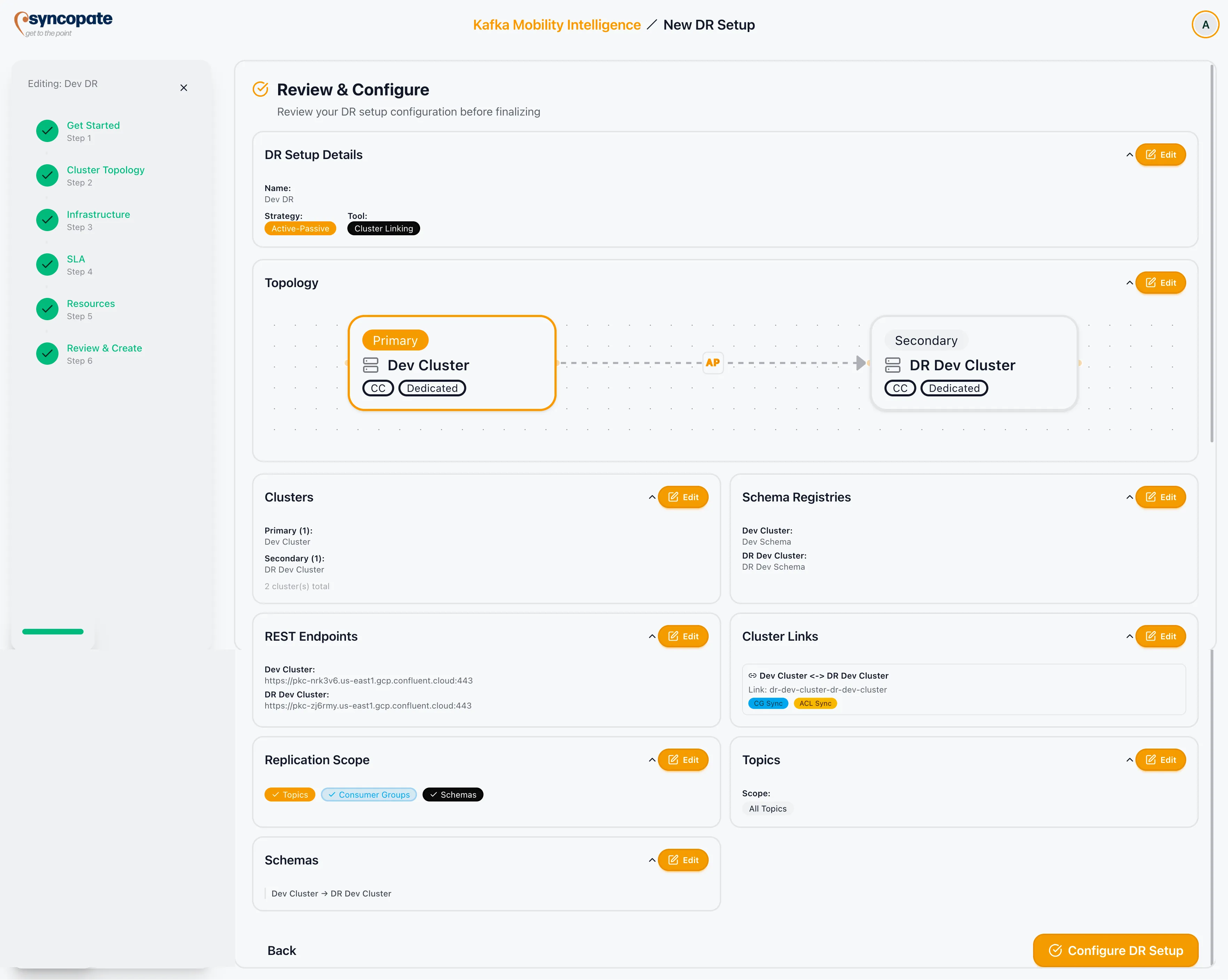 Review screen showing configuration summary cards