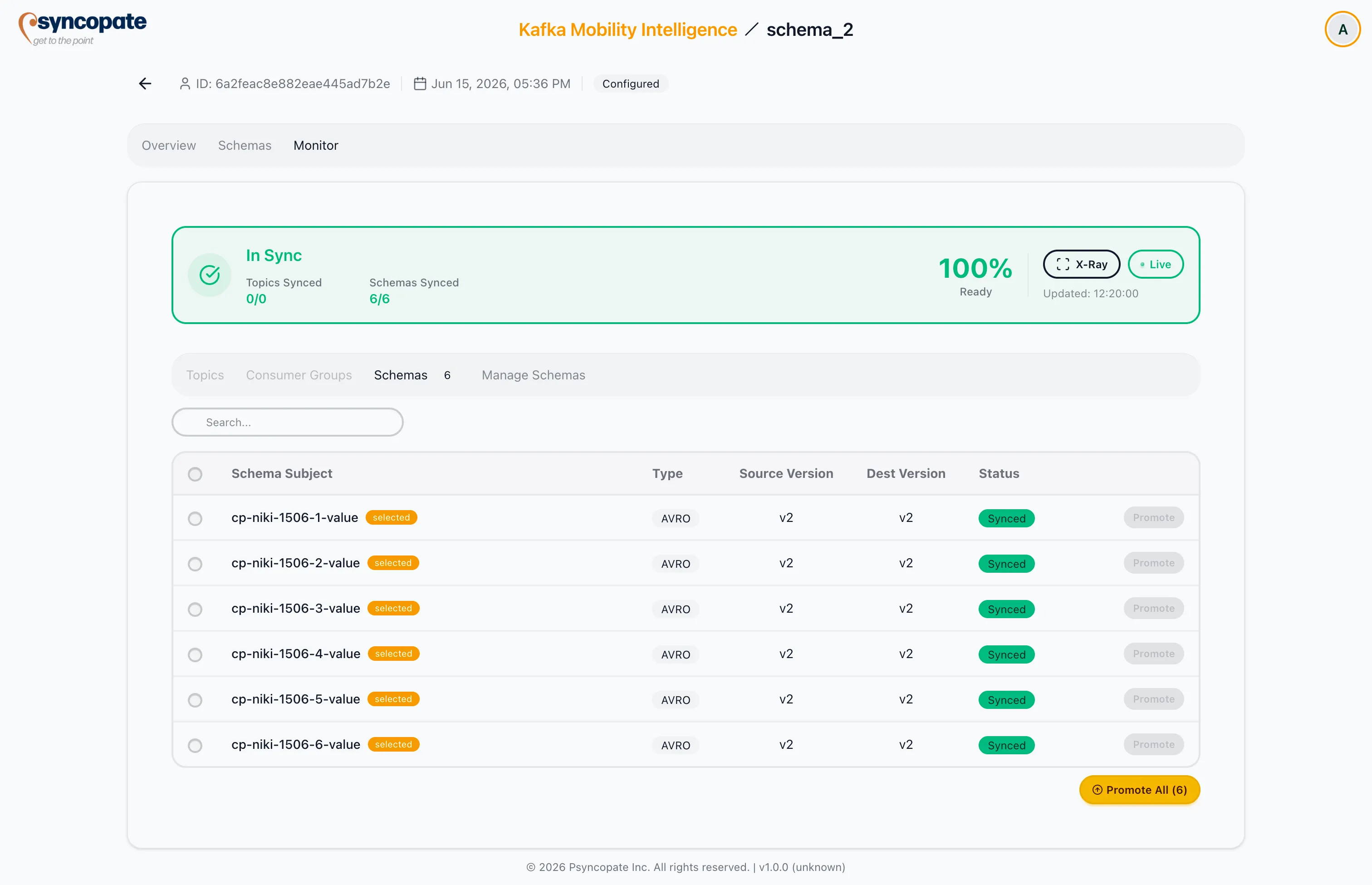 Schemas tab listing synced subjects with per-row Promote buttons and a Promote All action