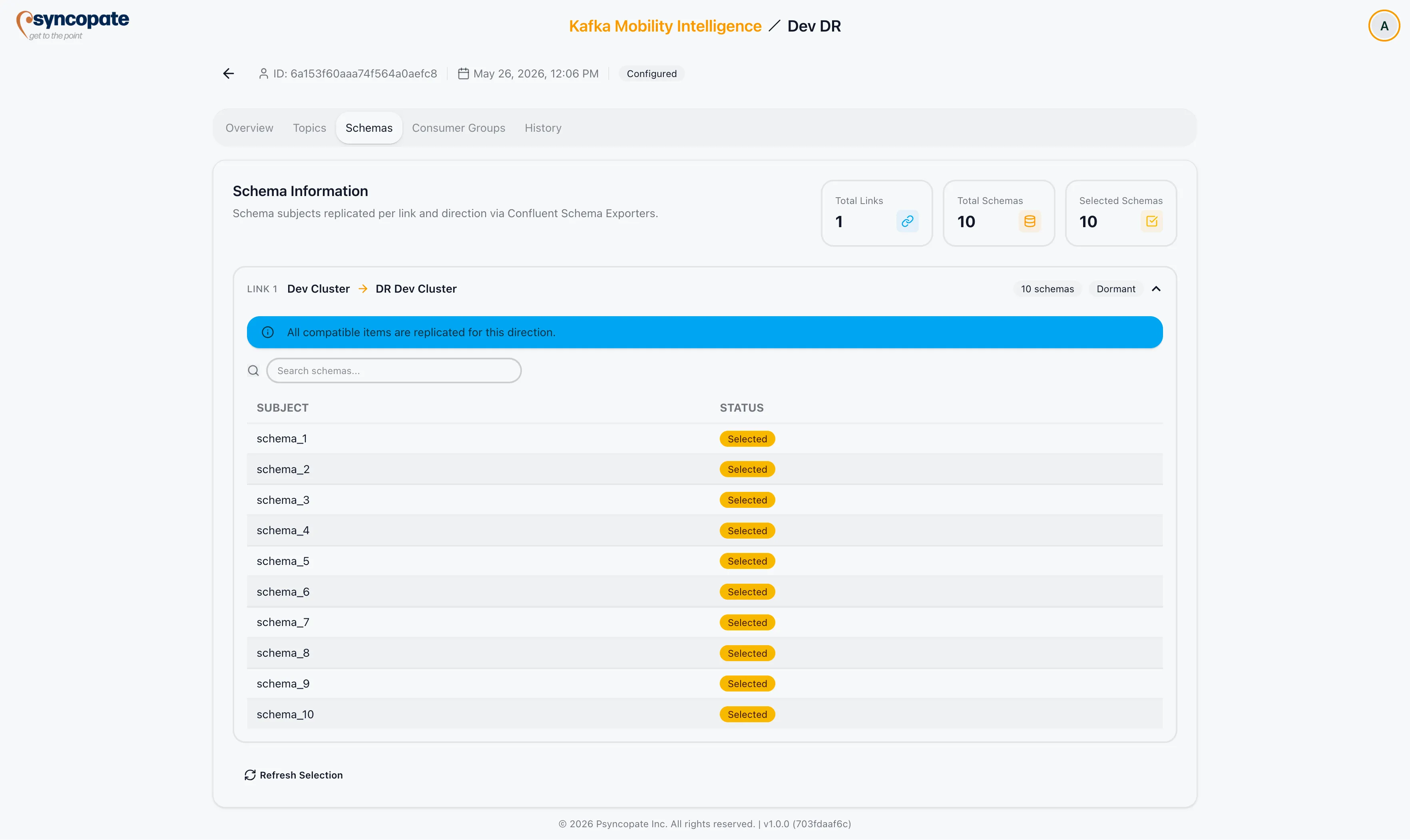 Schemas tab stat cards and schema exporters table