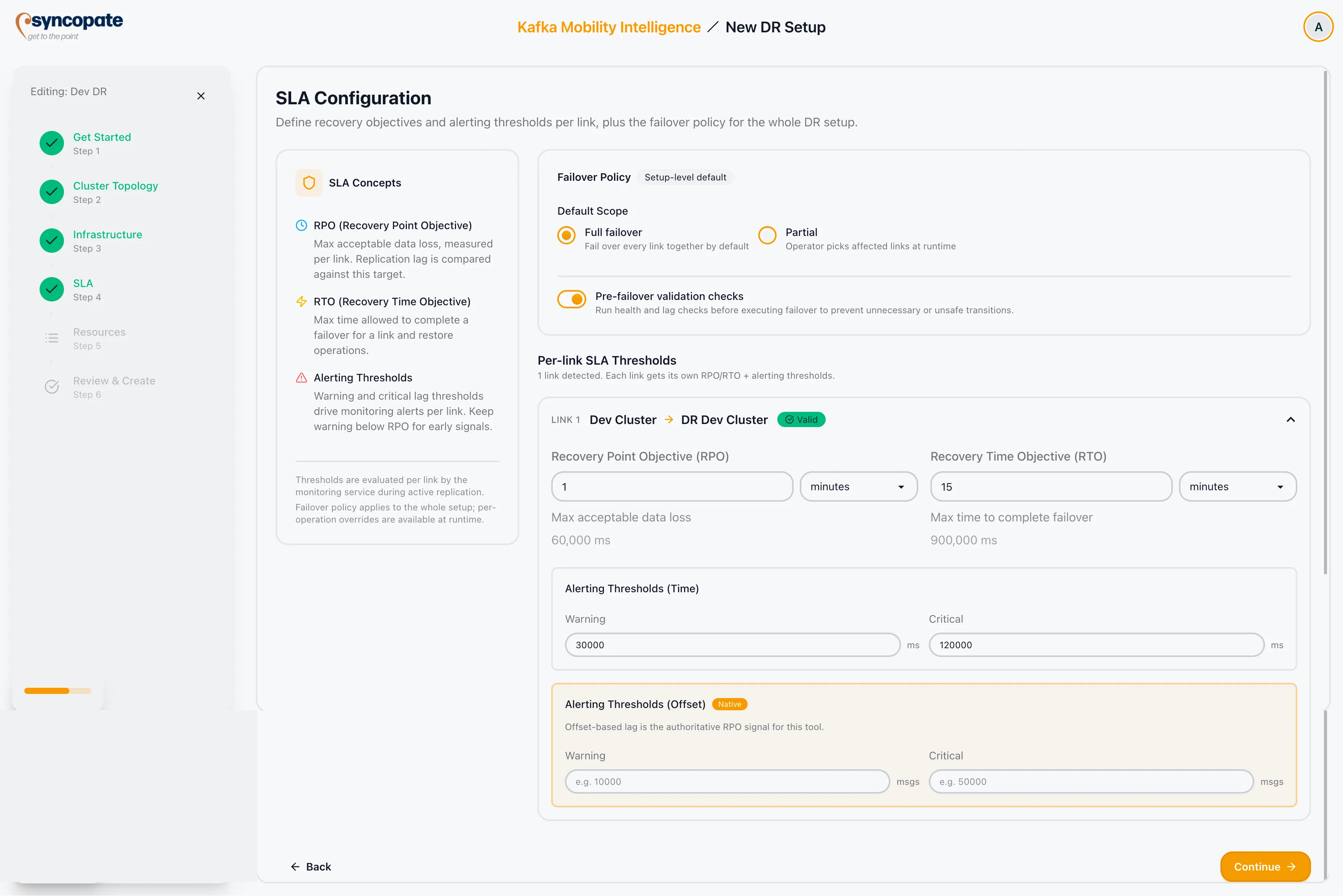 SLA breach threshold fields for RPO, RTO, warning, and critical