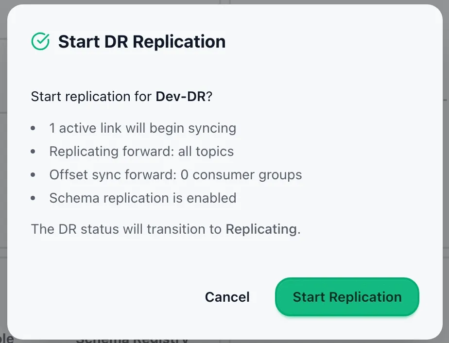 Start replication confirmation modal with link and resource summary