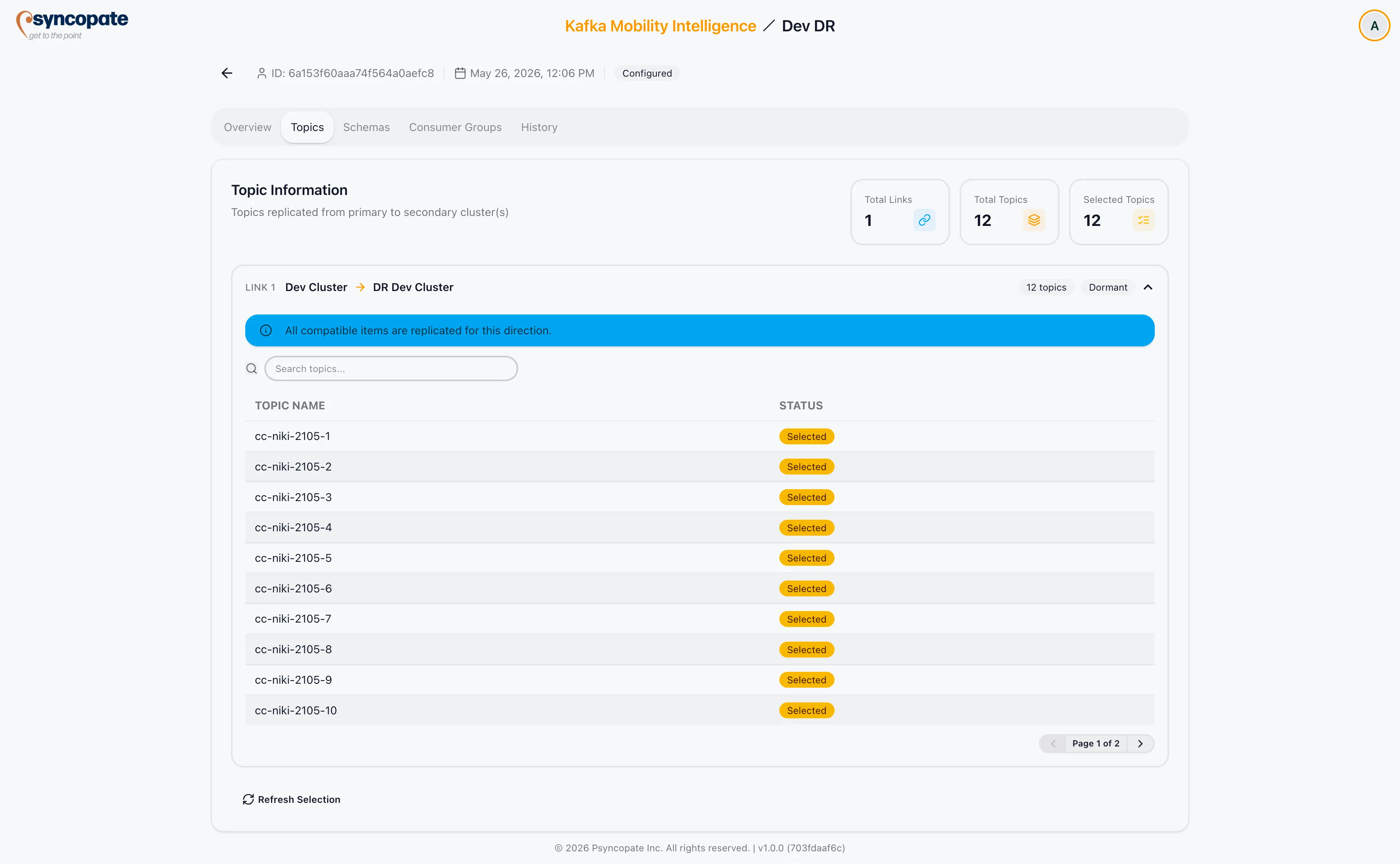 Topics tab stat cards and per-link direction table